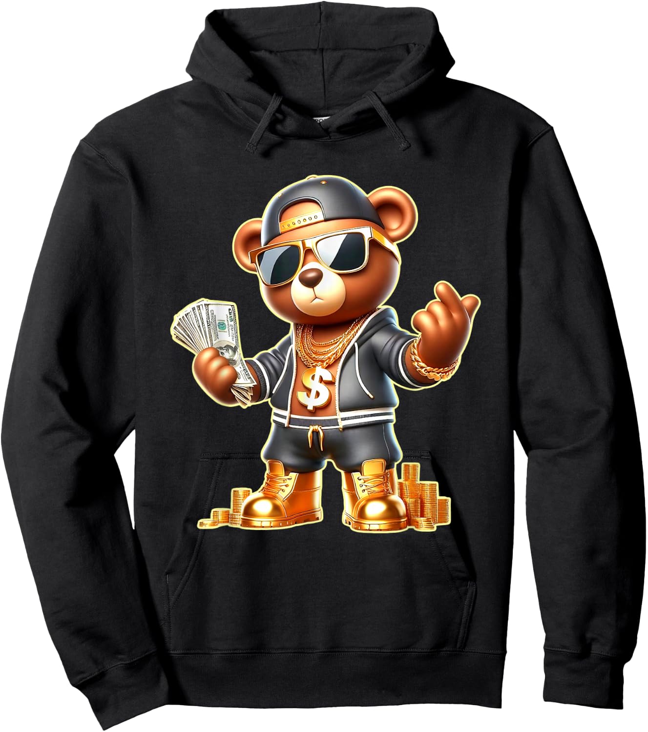 Golden Teddy Bear Money Stacks Golden Chain Gangsta Hoodie - Hoodie | Black