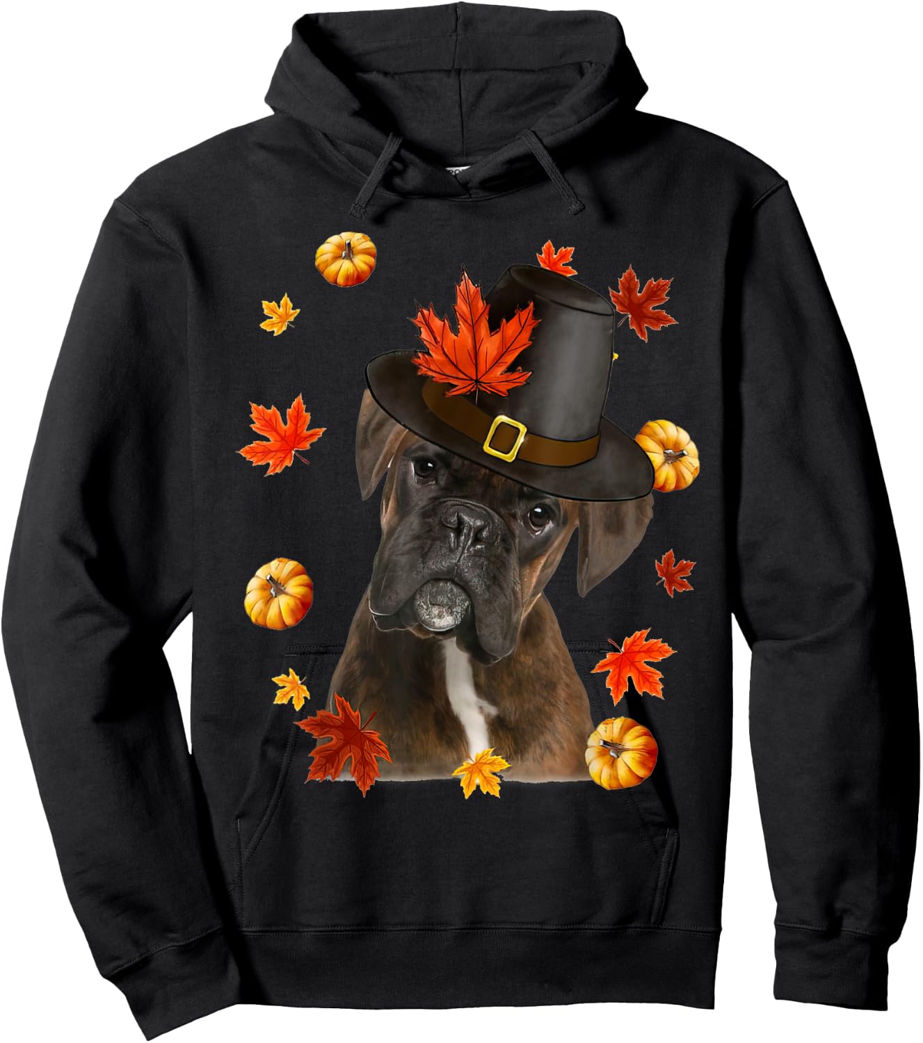 Boxer Dog Pilgrim Hat Fall Happy Thanksgiving Day Hoodie - Hoodie | Black