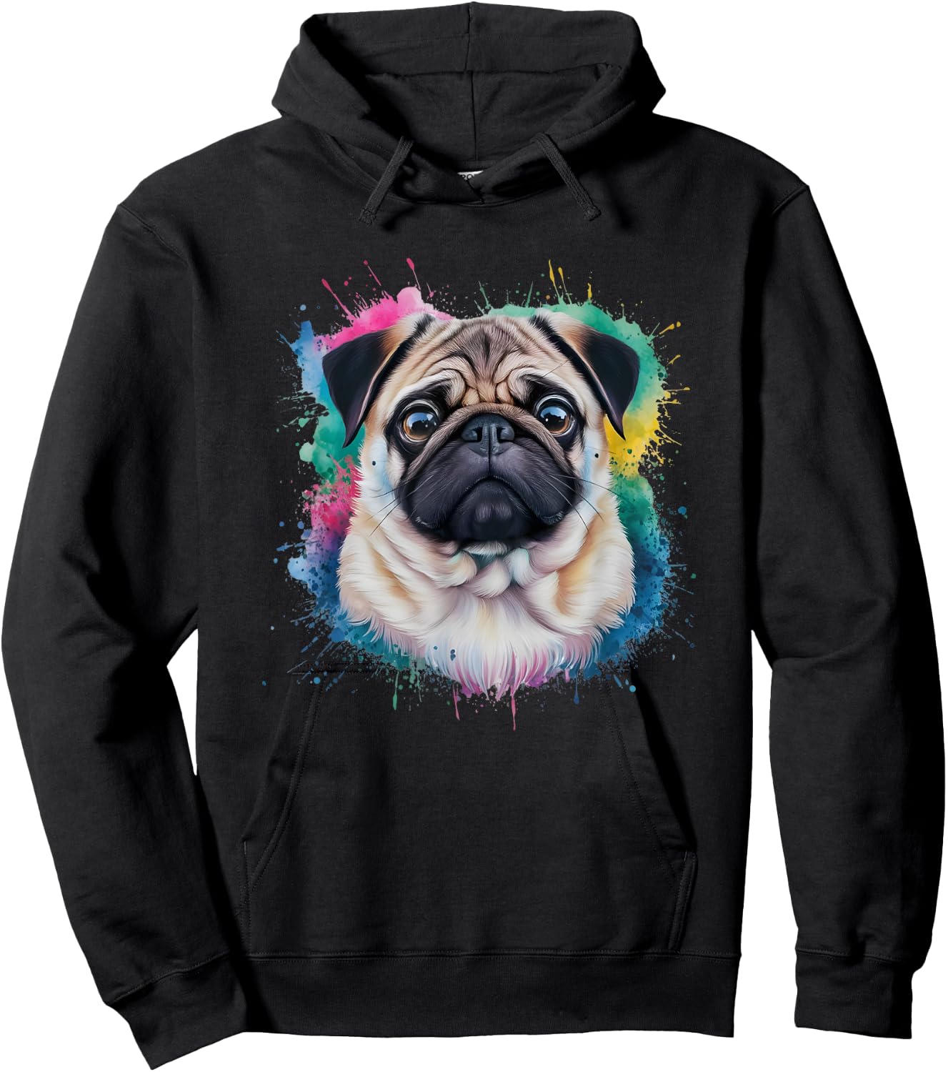 Men Woman Colorful Watercolor Pug Hoodie - Hoodie | Black