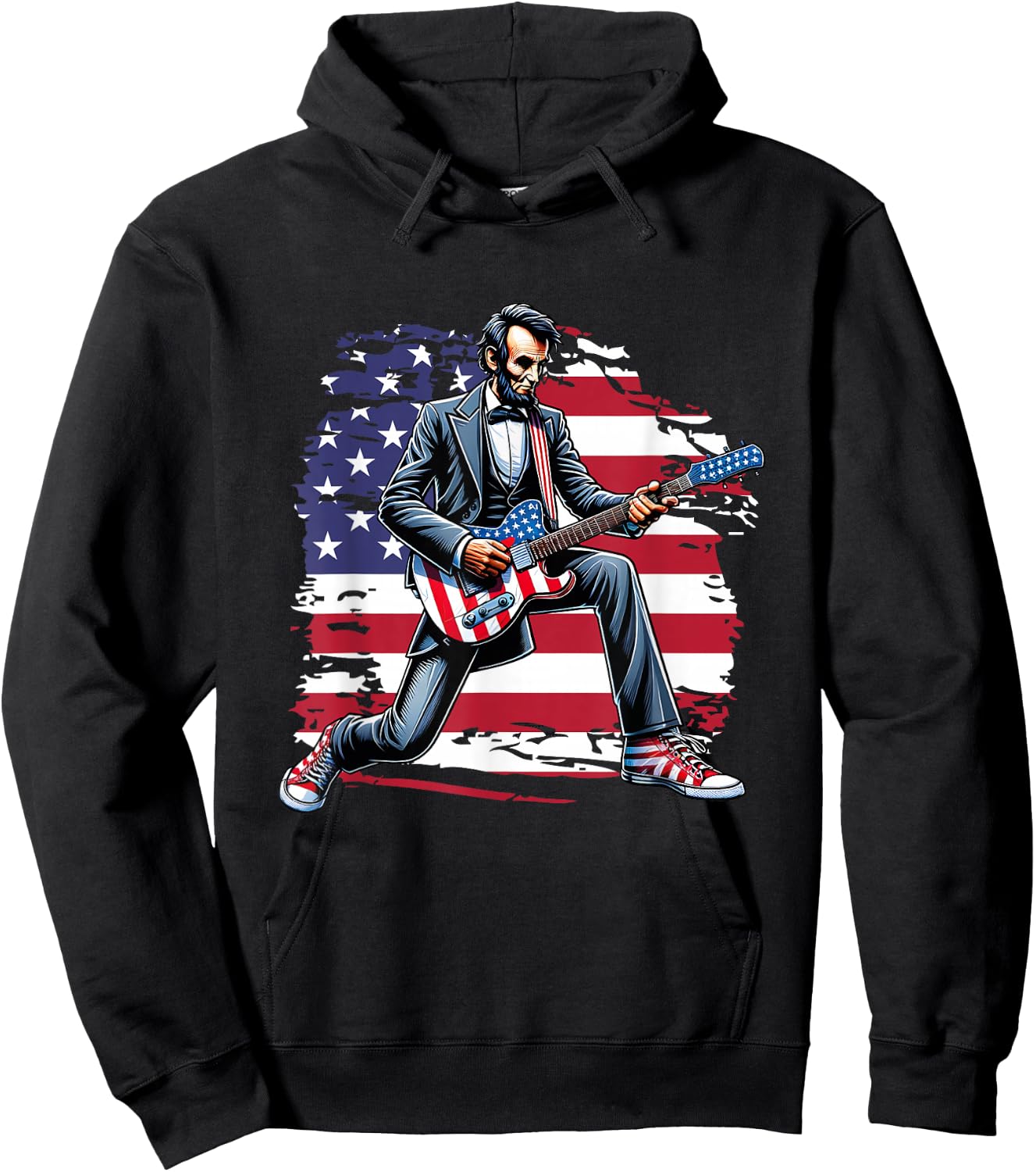American Flag Patriotic Rock Guitar Abe Lincoln 4th Of July Hoodie - Hoodie | Black