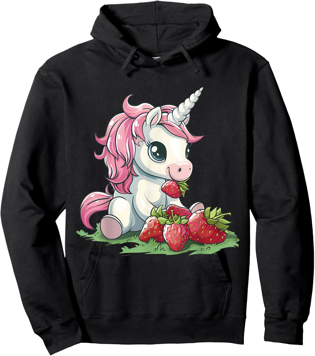 Strawberry Unicorn Cute Strawberries Drawing Motif Hoodie - Hoodie | Black