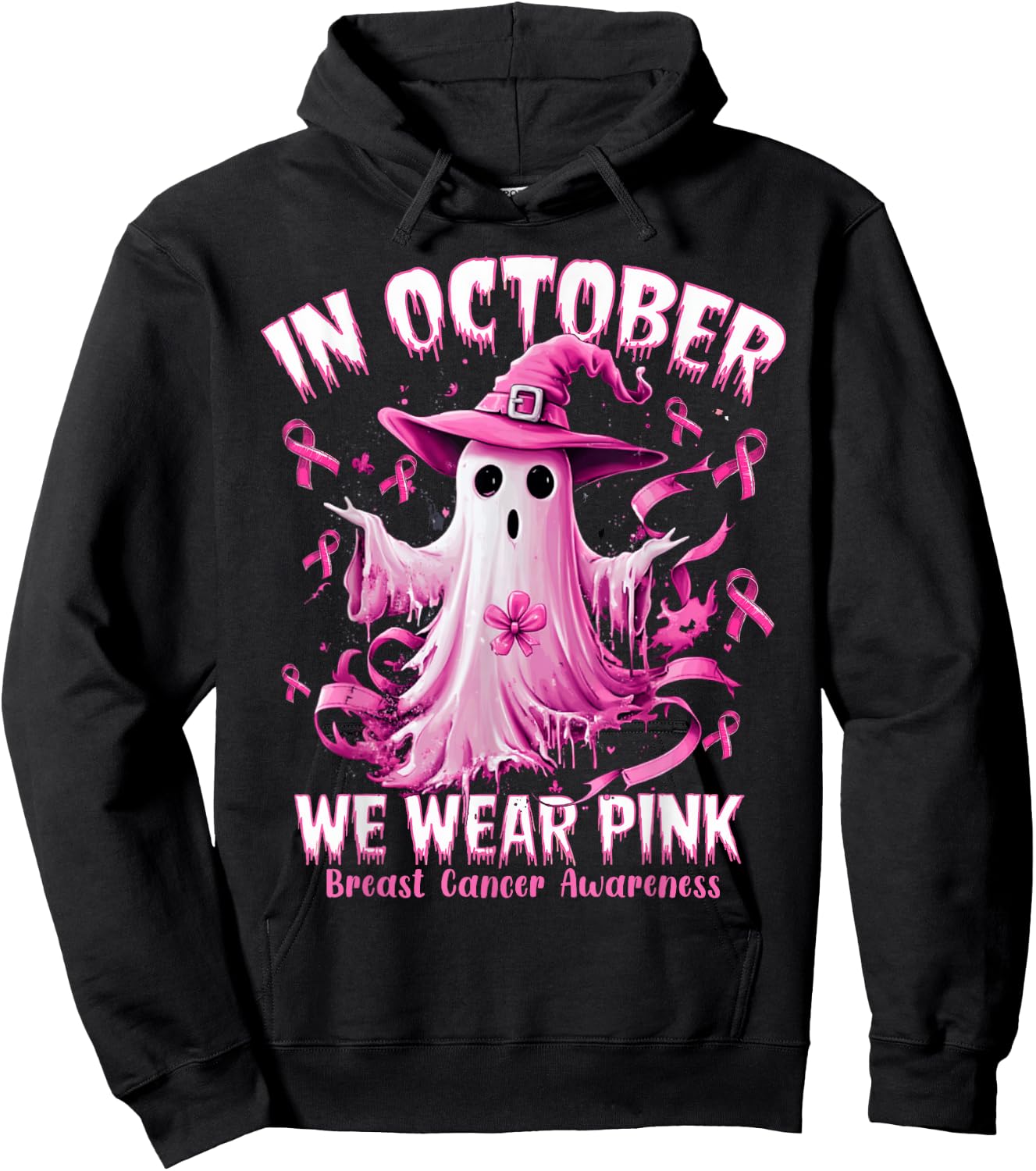 In October We Wear Pink Ghost Witch Breast Cancer Awareness Hoodie - Hoodie | Black