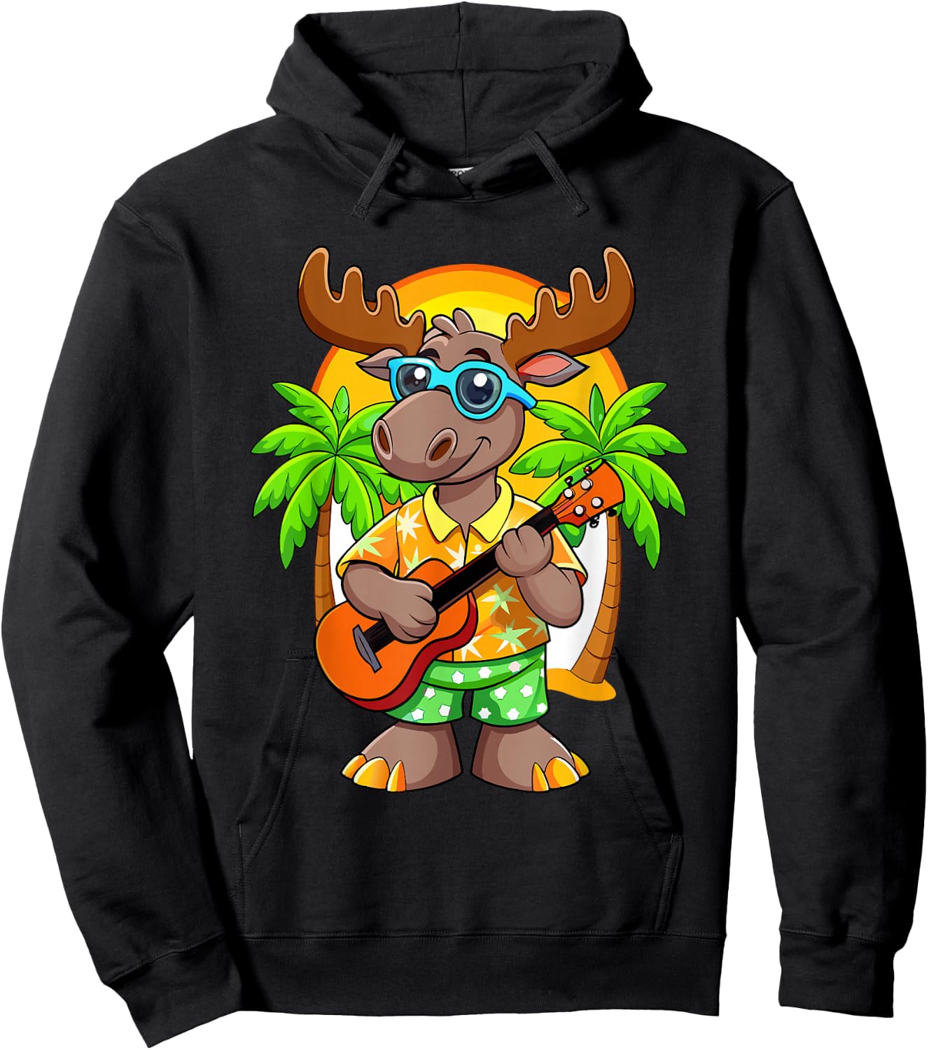 Funny Moose Summer Beach Sunglasses Hawaiian with Ukelele Hoodie - Hoodie | Black