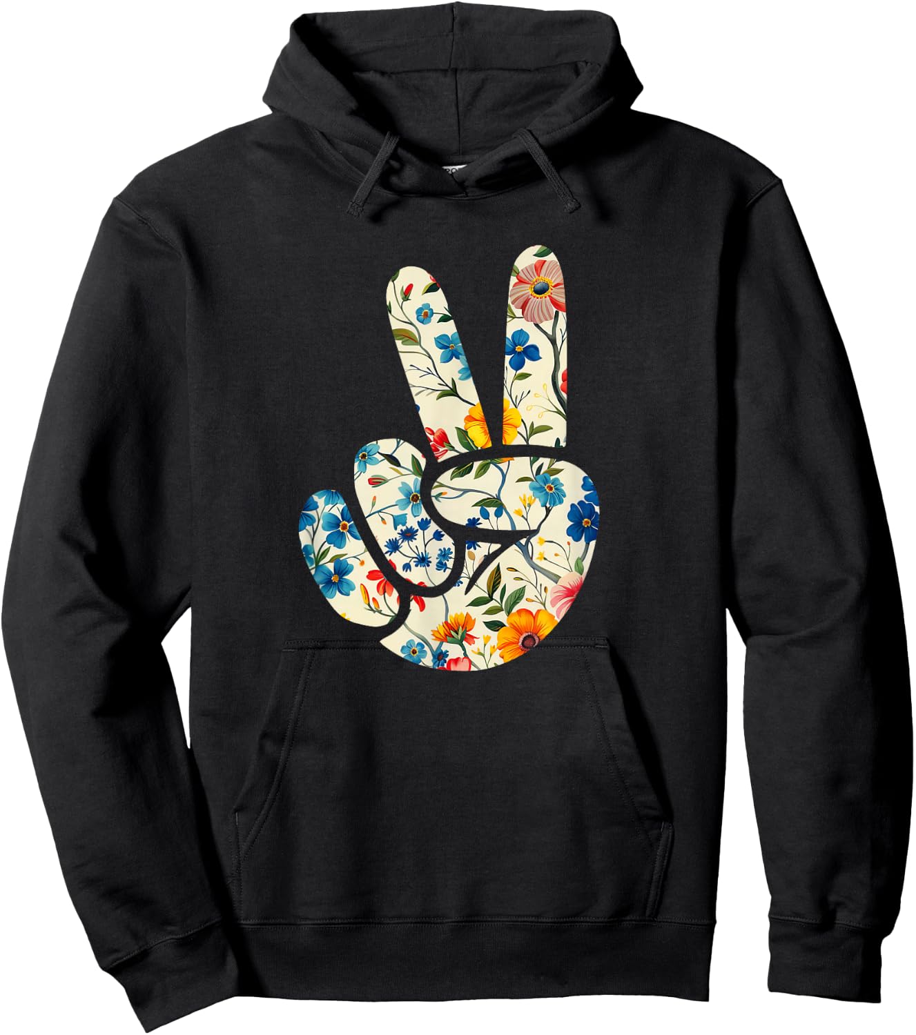Elegant Silhouette Wildflowers Floral Peace Sign Hand Hoodie - Hoodie | Black