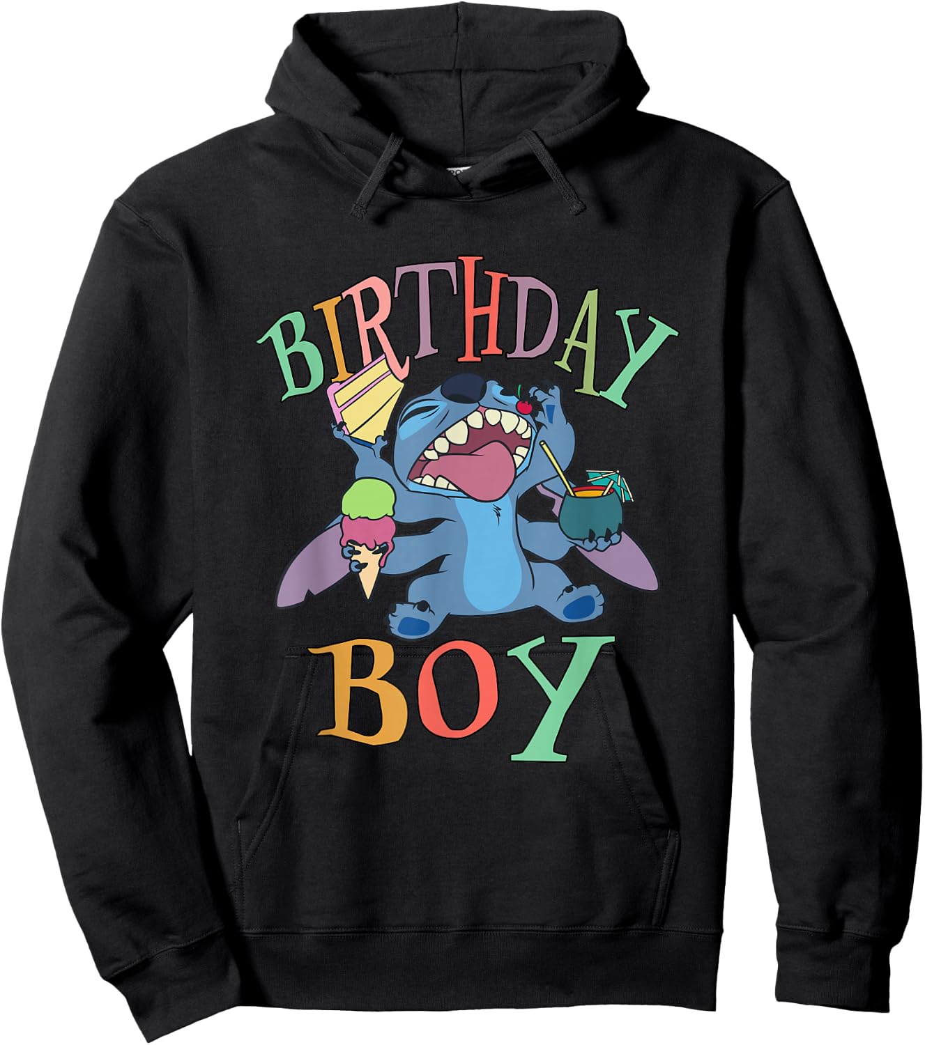 Disney Lilo & Stitch Birthday Boy Stitch Enjoying Big Logo Hoodie - Hoodie | Black