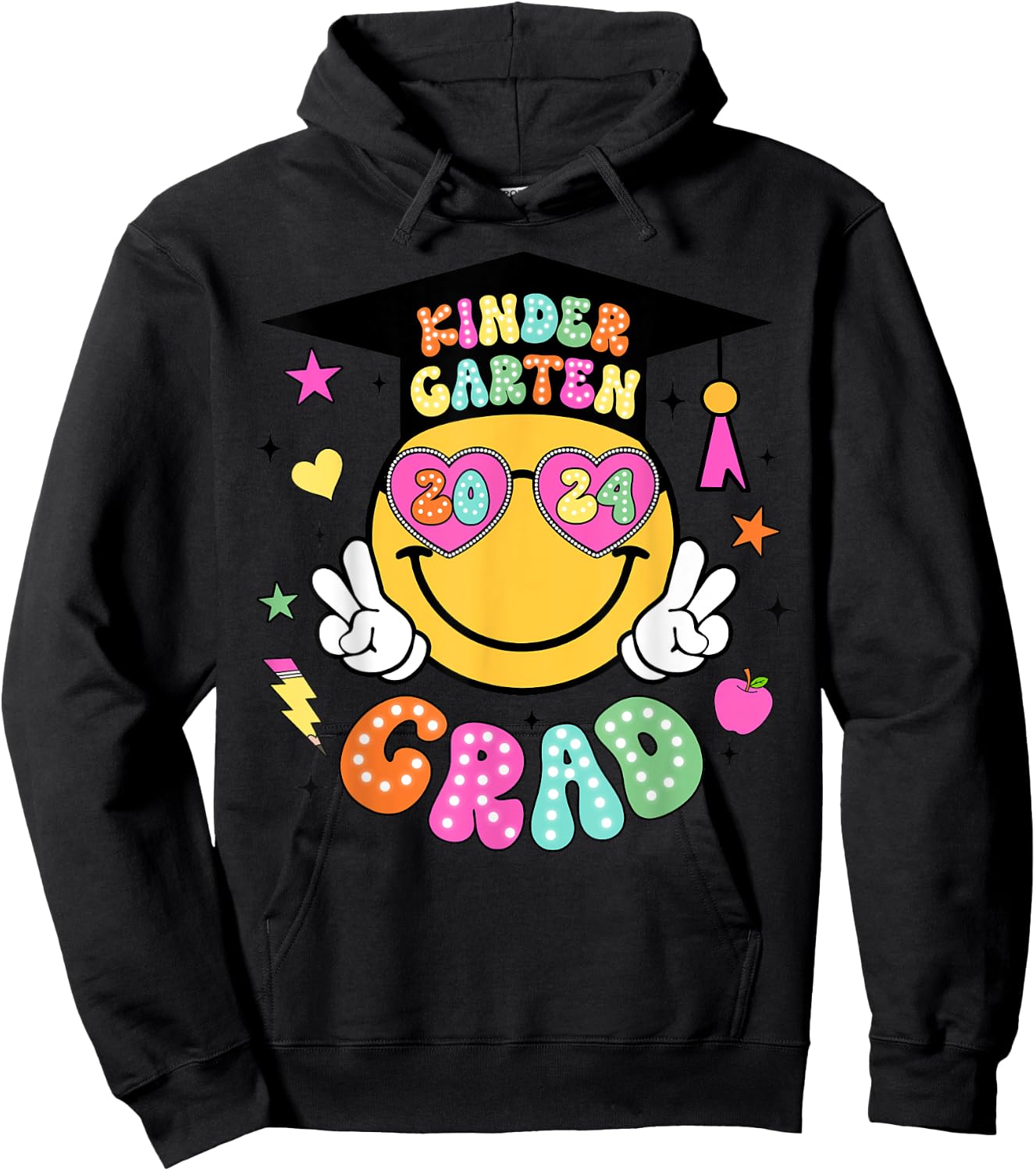 Groovy Kindergarten Graduate Happy Face Graduation 2024 Grad Hoodie - Hoodie | Black