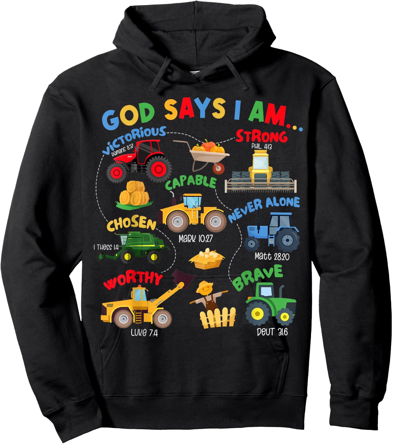 God Says I Am Bible Verse Farm Tractor Farmer Tractors Kids Hoodie - Hoodie | Black