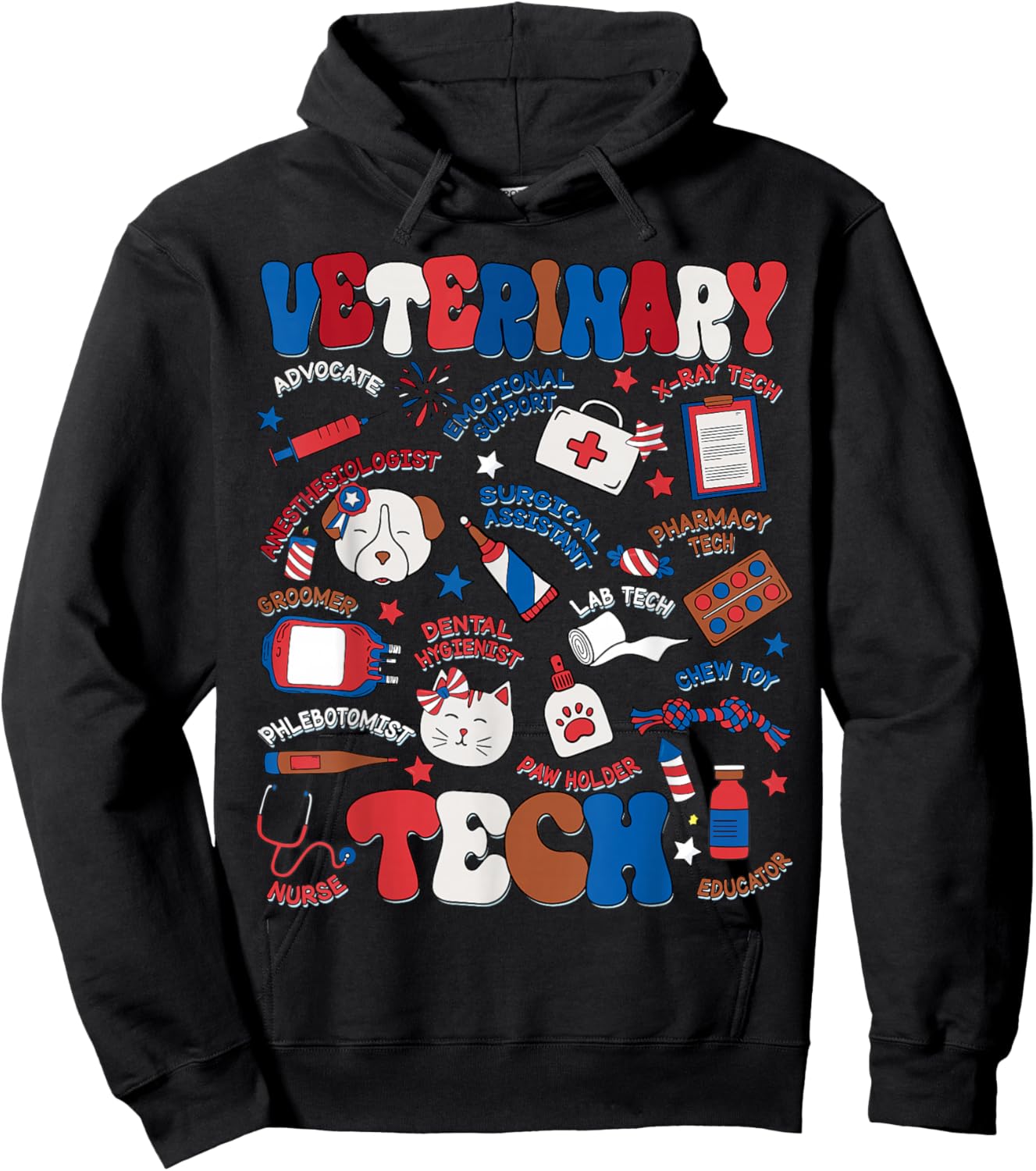 Retro Veterinary Tech Independence Day Patriotic Vet Tech Hoodie - Hoodie | Black