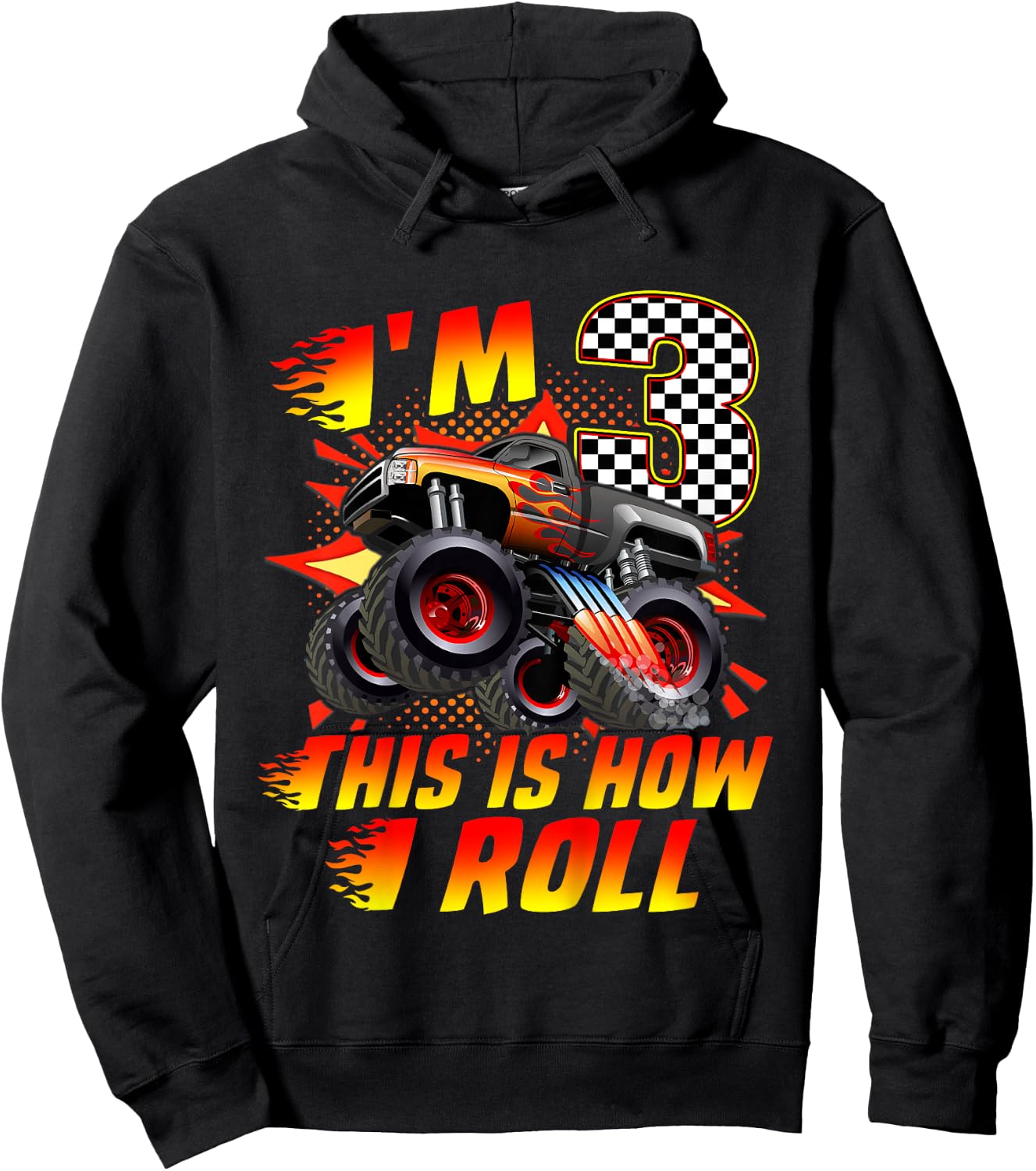 Kids I'm 3 This Is How I Roll Monster Truck Car 3rd Birthday Boys Hoodie - Hoodie | Black