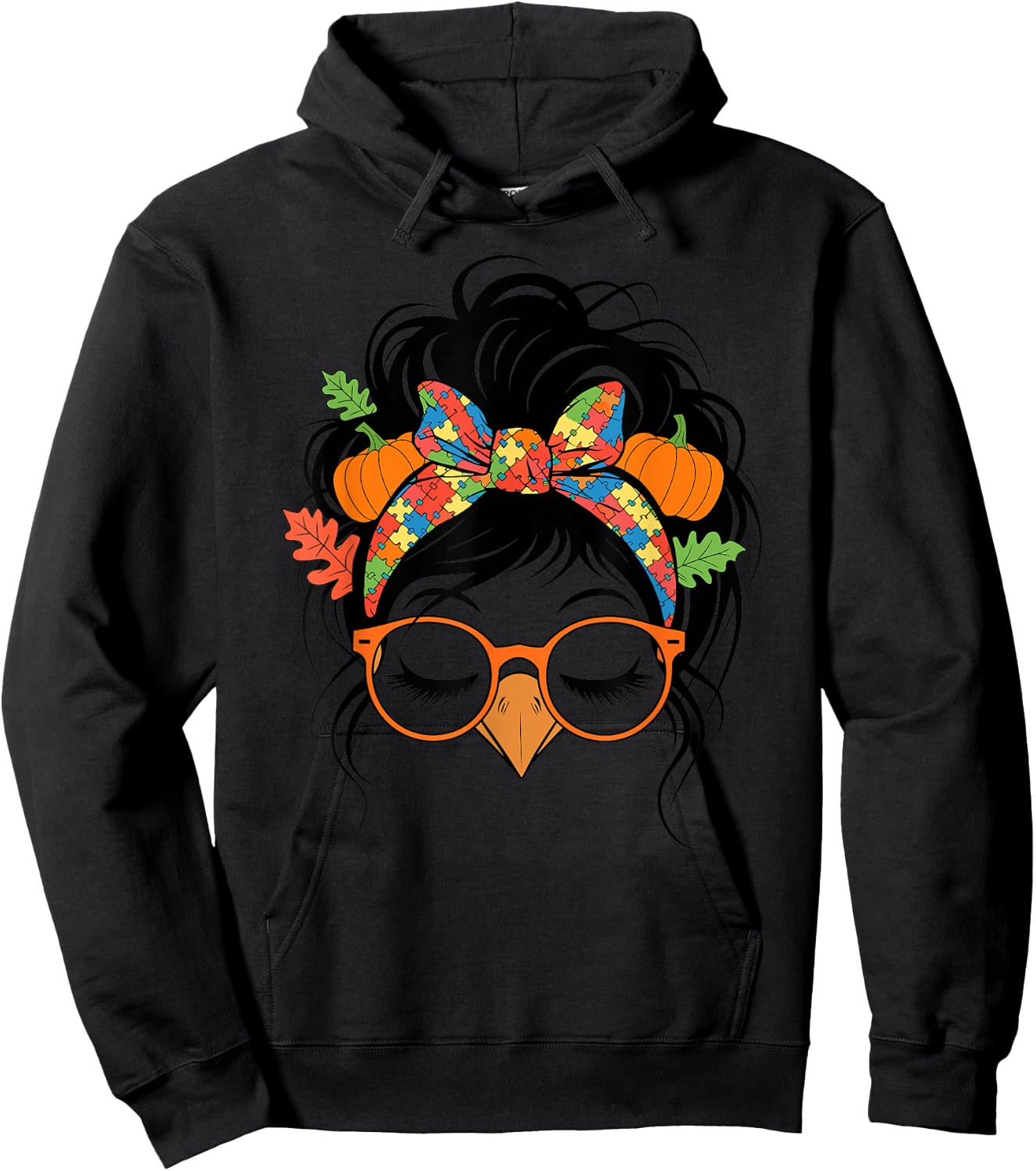 Autism Messy Bun Hair Turkey Fall Thanksgiving Girls Hoodie - Hoodie | Black