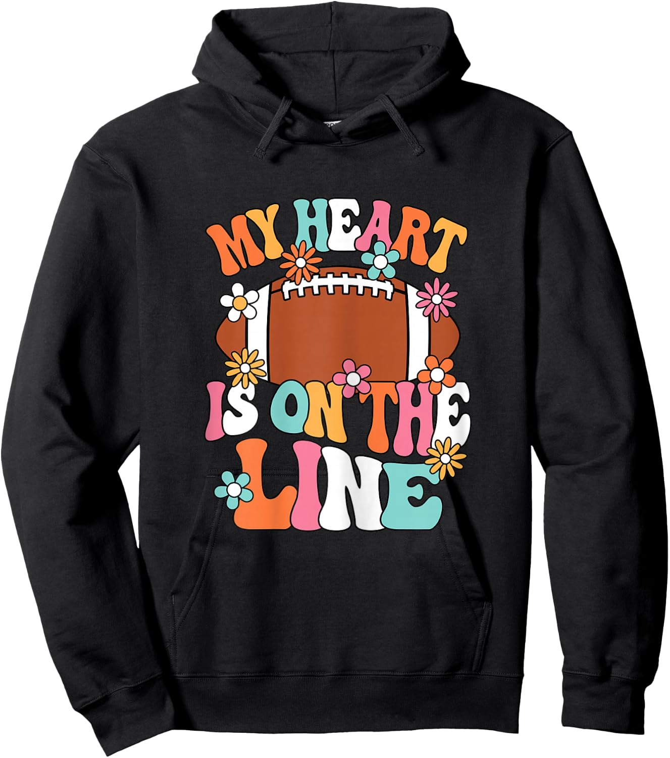 My Heart Is On The Line Groovy Women Football Mom Grandma Hoodie - Hoodie | Black