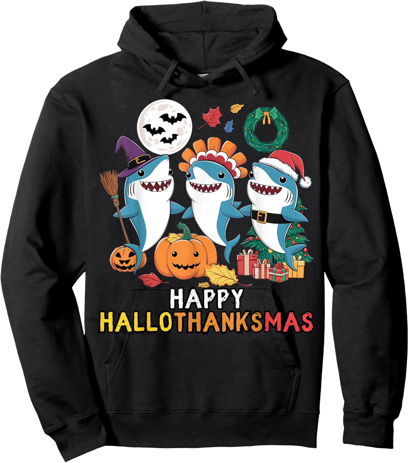 Happy Hallothanksmas Christmas Halloween, Shark Thanksgiving Hoodie - Hoodie | Black