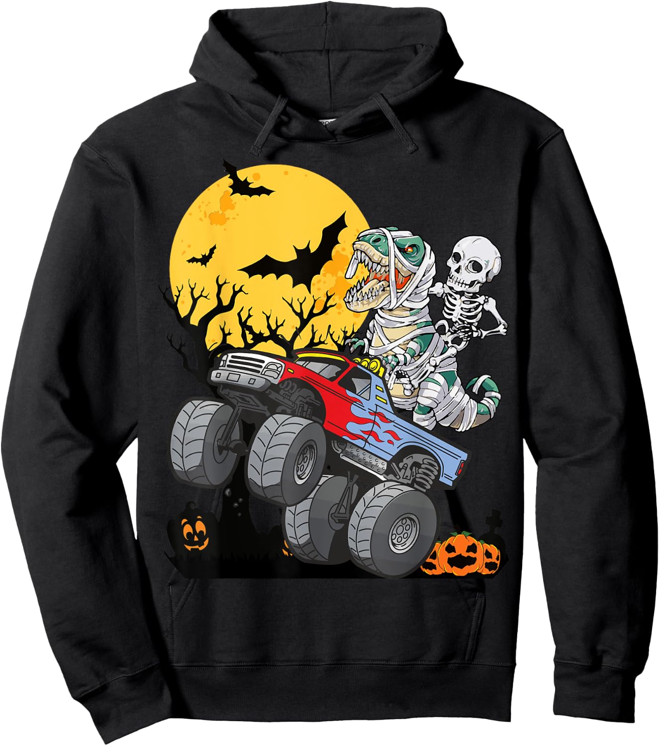 Boys Halloween Monster Truck Pumpkin Mummy Dinosaur T rex Hoodie - Hoodie | Black