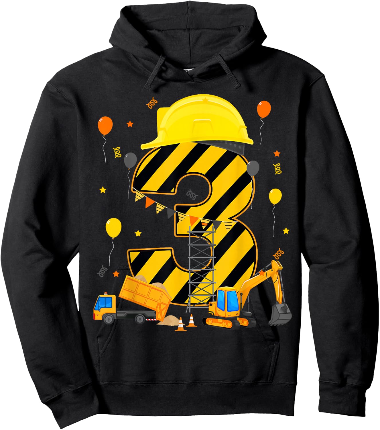 Three 3yr 3rd Birthday Construction Vehicles 3 Year Old Hoodie - Hoodie | Black