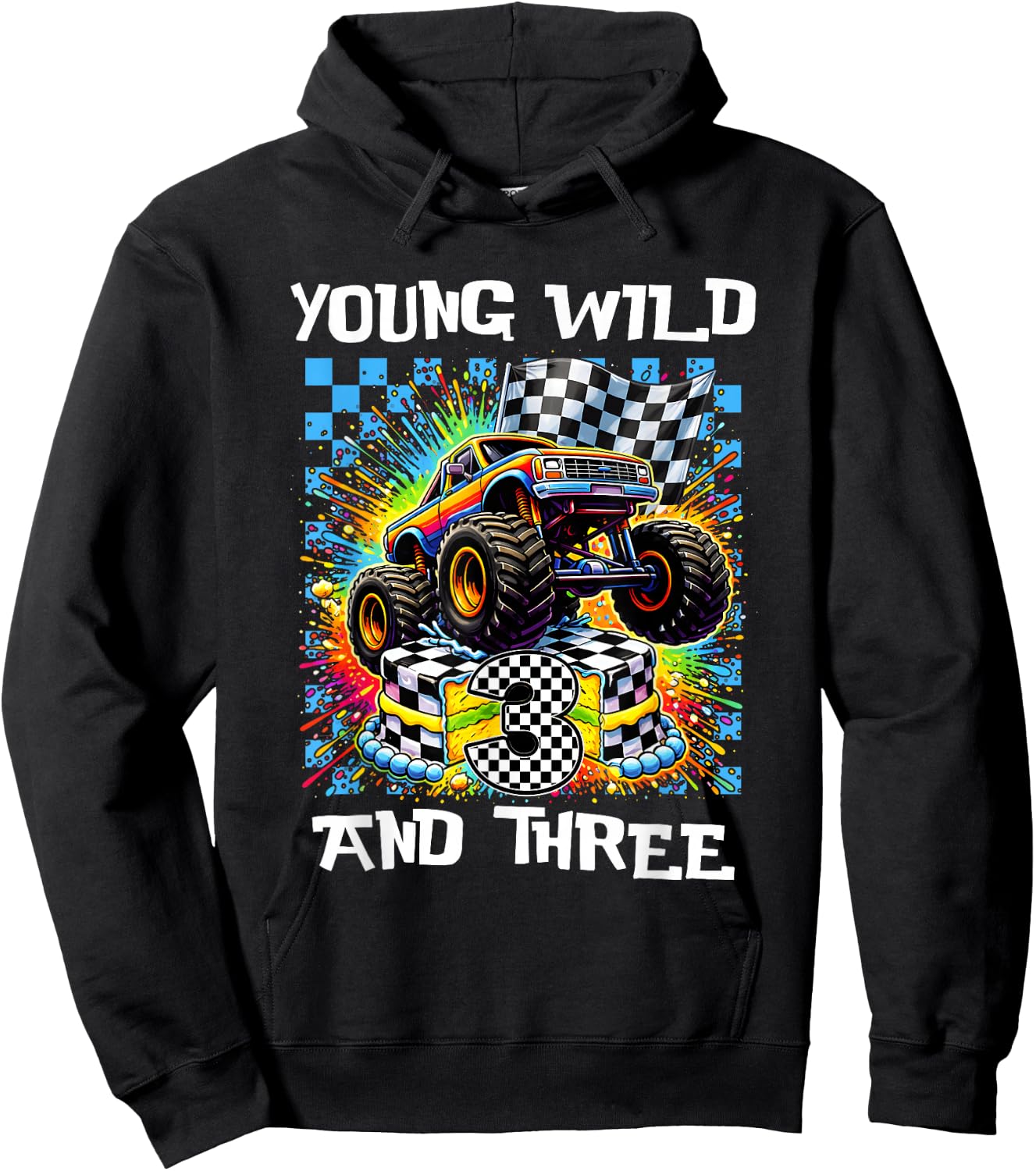 Boy Kids 3rd Birthday Monster Truck Young Wild and Three Hoodie - Hoodie | Black