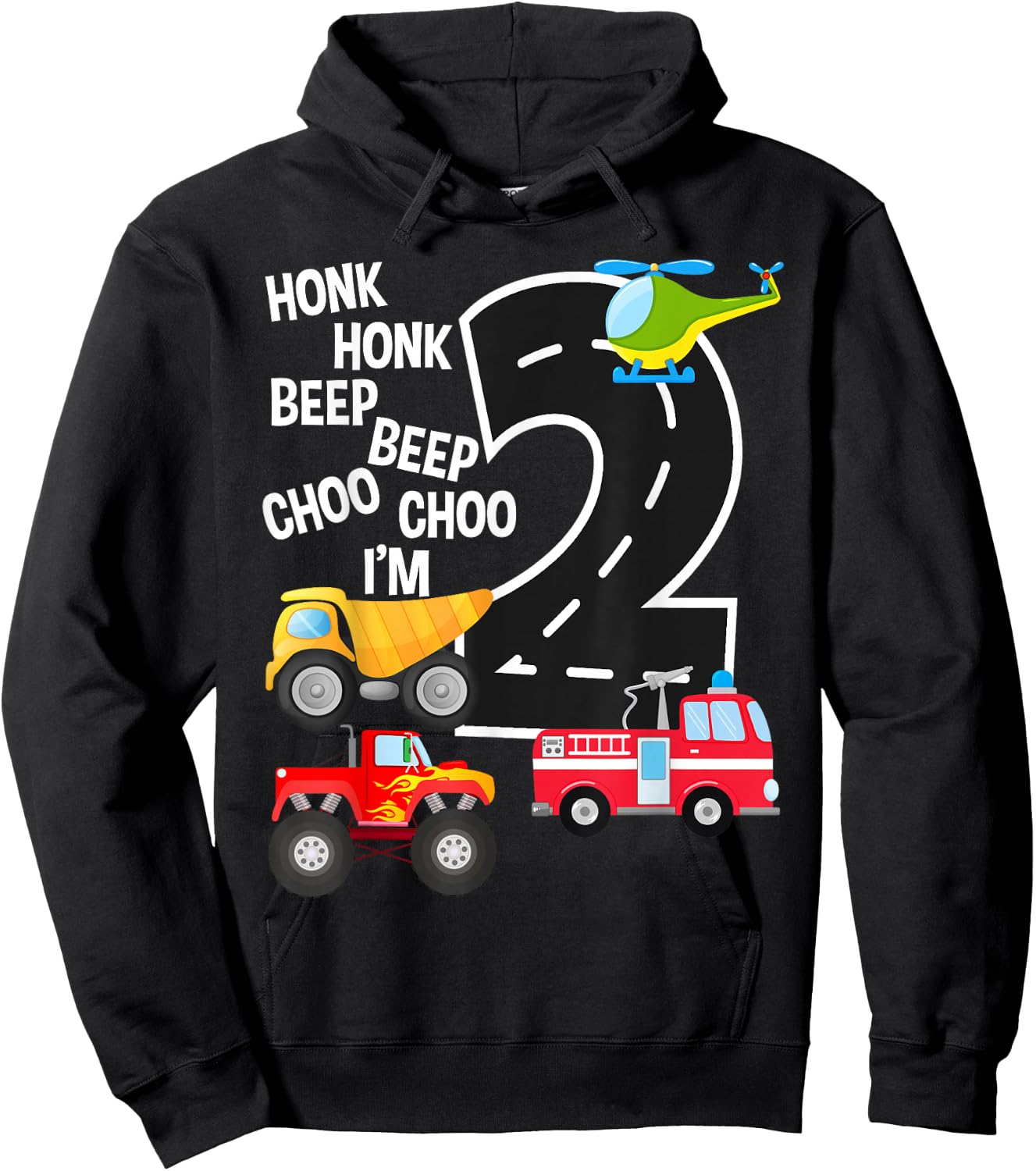 Kids Trucks 2nd Birthday Party Toddler I'm 2 Year Old Bday Hoodie - Hoodie | Black