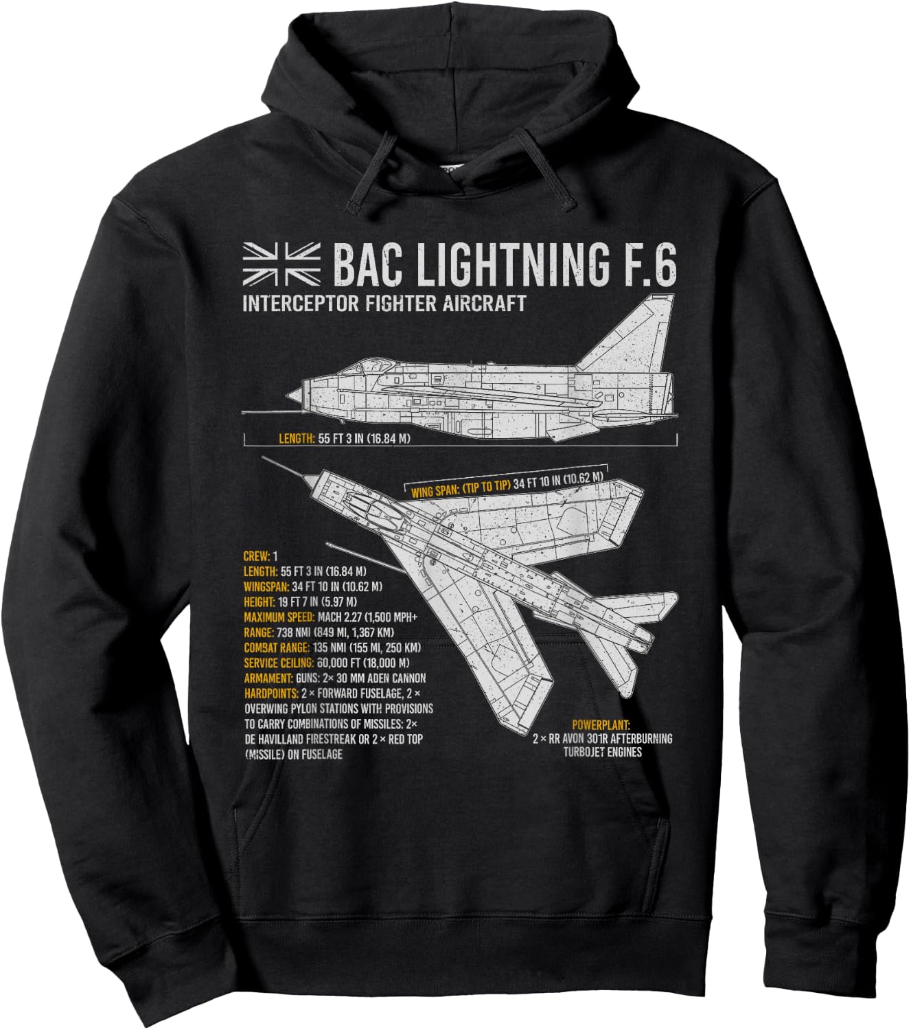 Lightning Aircraft Airplane Plane Blueprint Jet RAF BAC Hoodie - Hoodie | Black