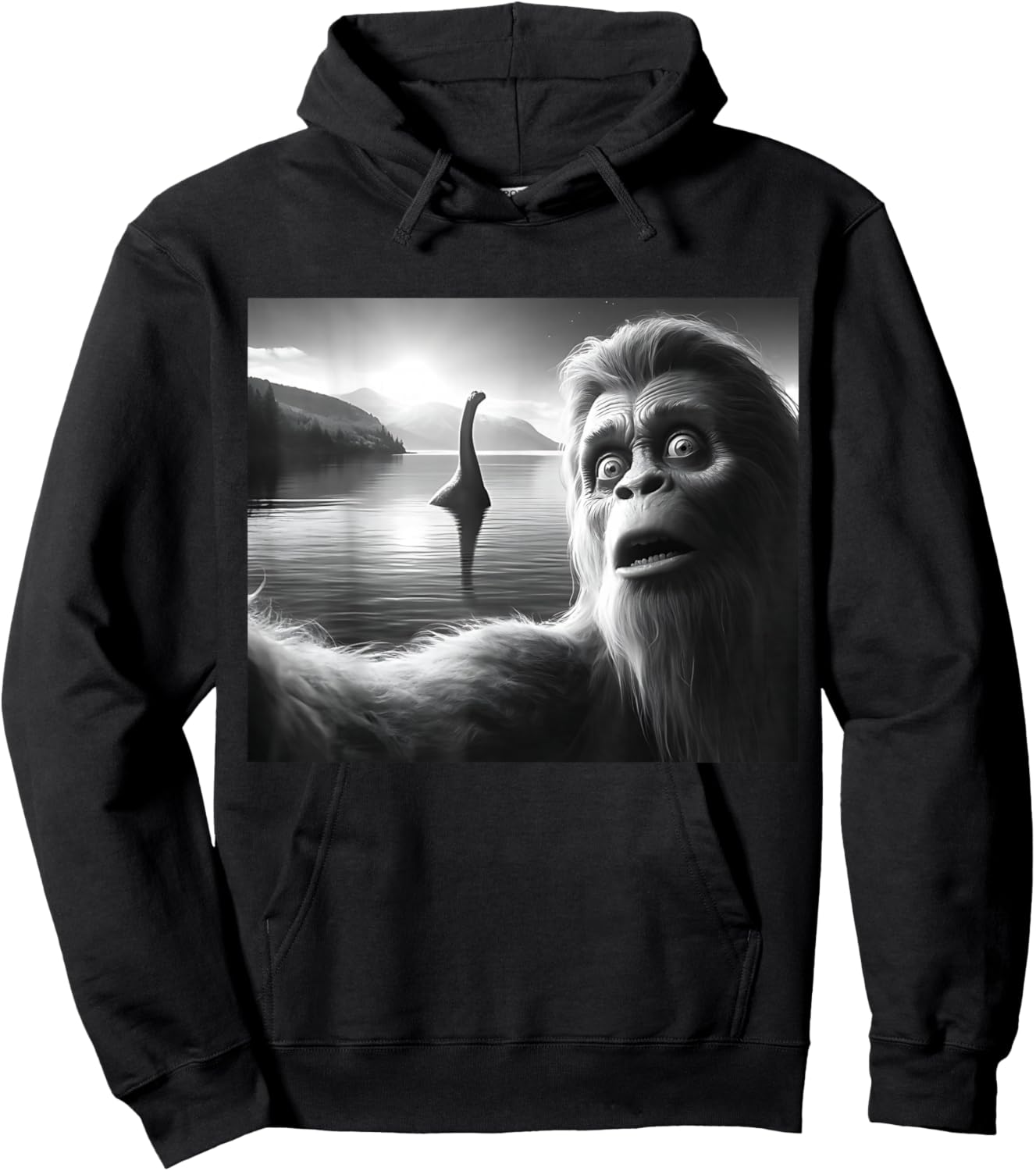 Funny Surprised Squatch Selfie with Loch Ness Monster Nessie Hoodie - Hoodie | Black