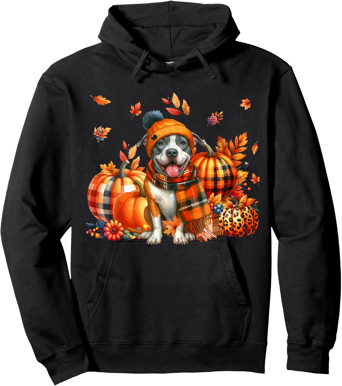 Pit Bull Thanksgiving Leopard Pumpkins Fall Leaves Lover Hoodie - Hoodie | Black