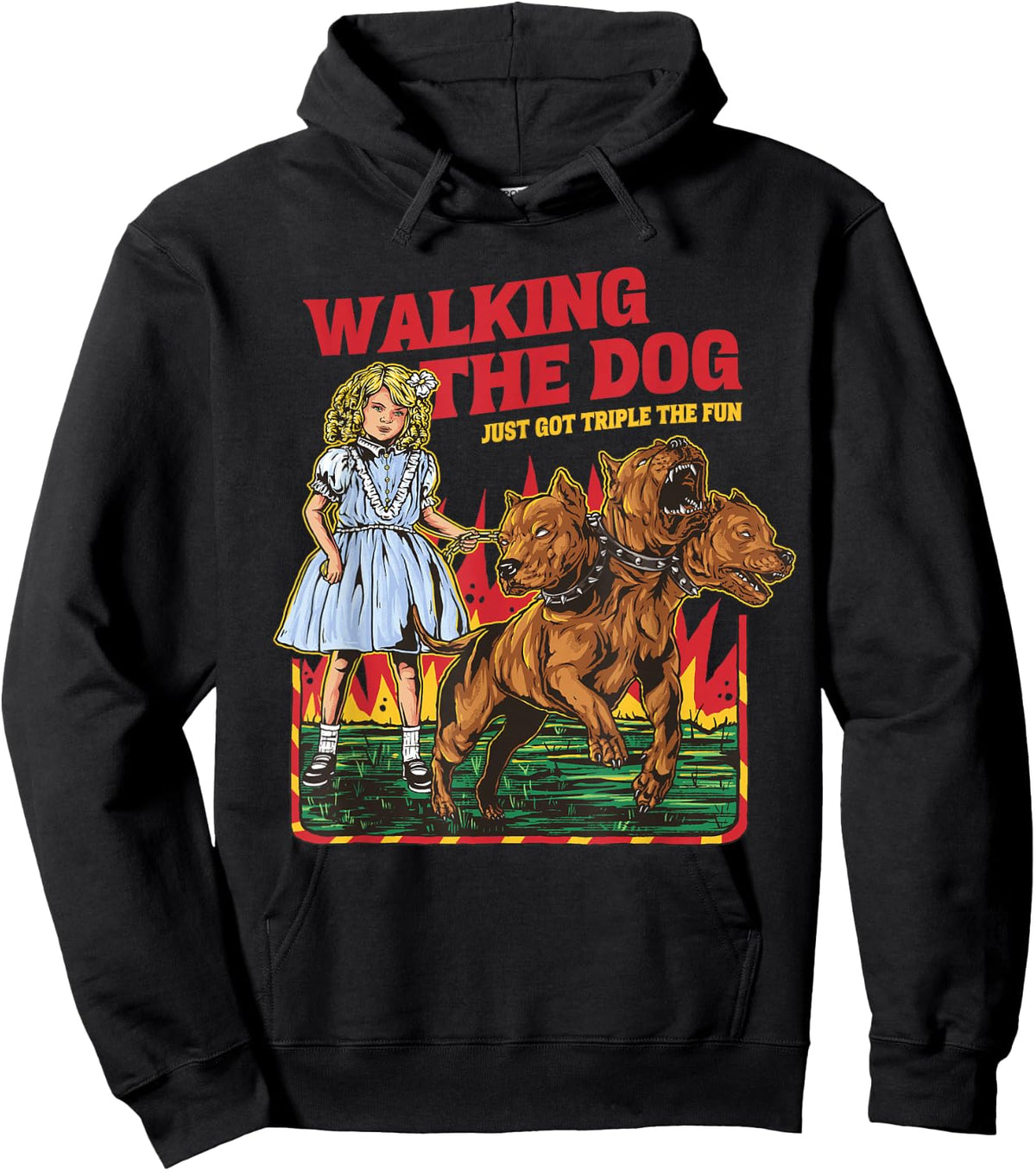 Walking The Dog Cerberus Funny Meme Graphic Vintage Retro Hoodie - Hoodie | Black