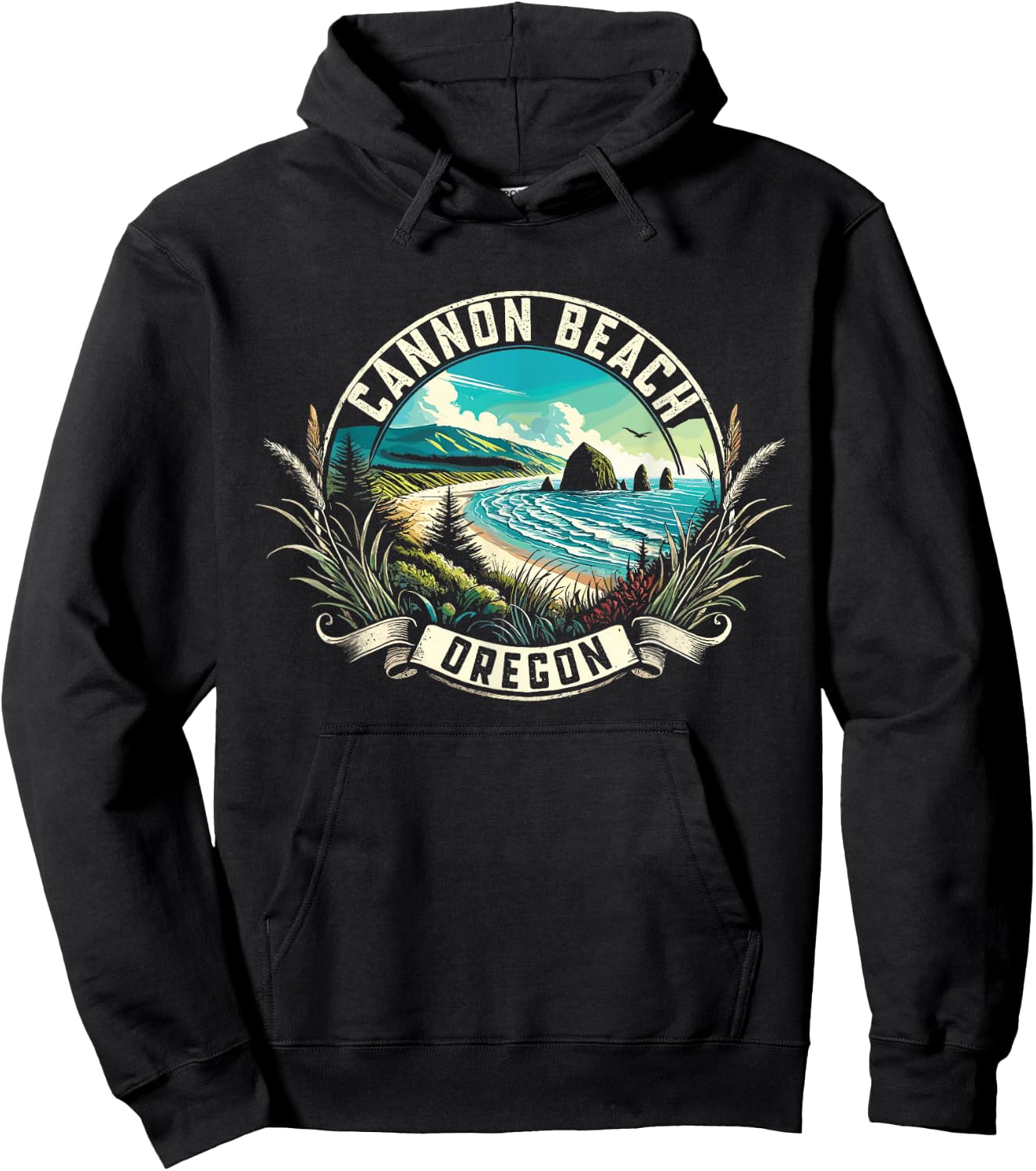 Cannon Beach Watercolor, Cannon Beach Oregon, Cannon Beach Hoodie - Hoodie | Black