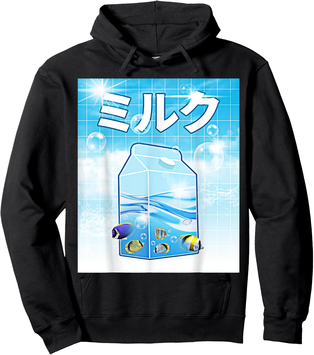 Frutiger Aero Aesthetic Tech Kawaii Milk Underwater Fishes Hoodie - Hoodie | Black