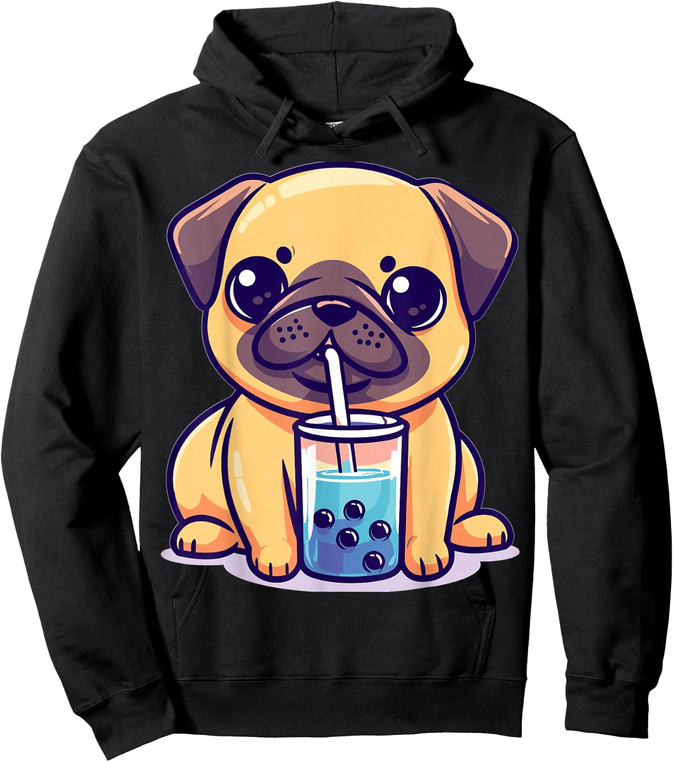 Kawaii Pug Puggy Dog Drinking Bubble Tea Boba Anime Hoodie - Hoodie | Black
