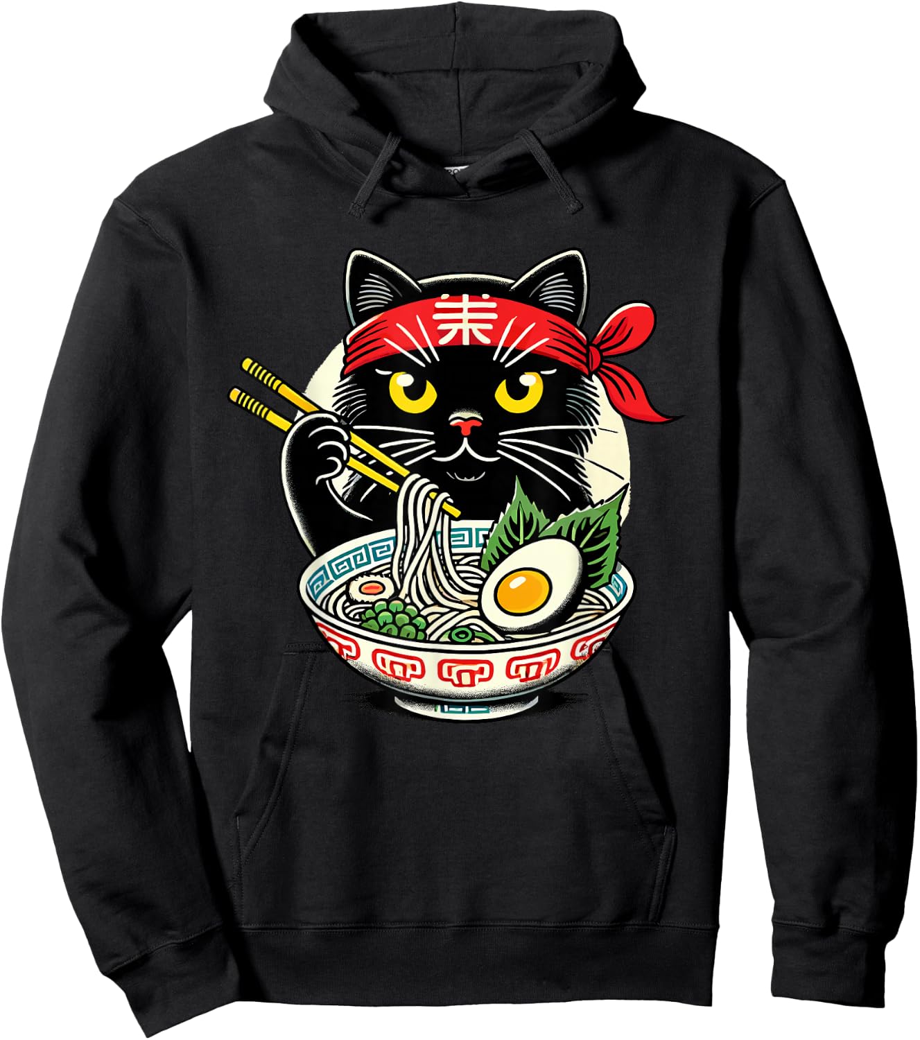 Cat Eating Ramen Noodles, Japanese Anime & Kawaii, Black Cat Hoodie - Hoodie | Black