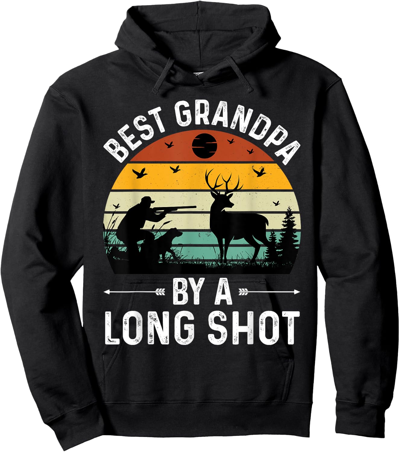 Best Grandpa By a Long Shot Hunting Fathers Day Retro Sunset Hoodie - Hoodie | Black