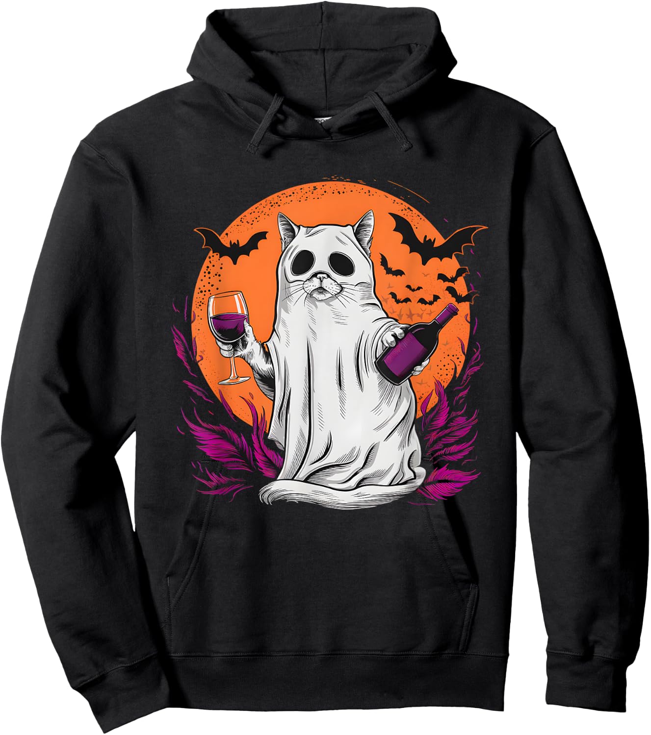 Halloween Ghost Cat Holding Wine Glass Hoodie - Hoodie | Black