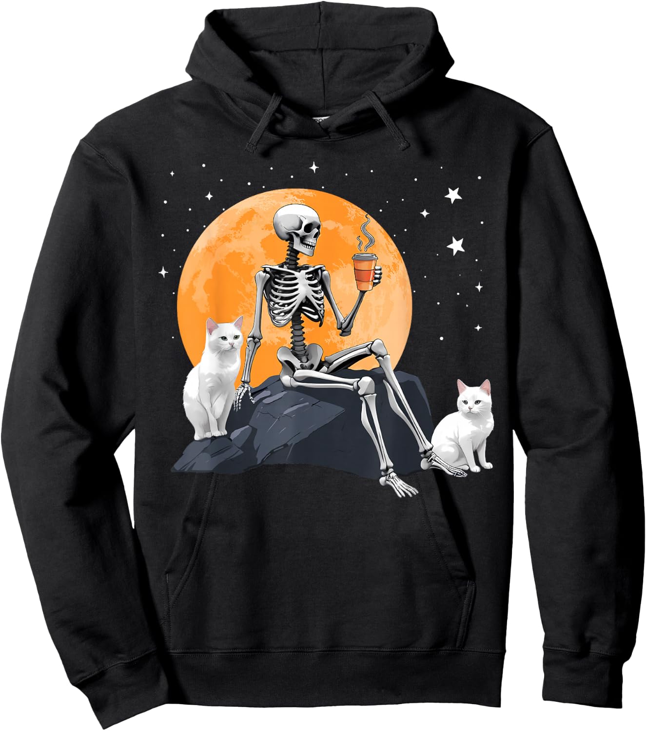 Cute Cat Kitten And Skeleton Drinking Coffee Halloween Hoodie - Hoodie | Black