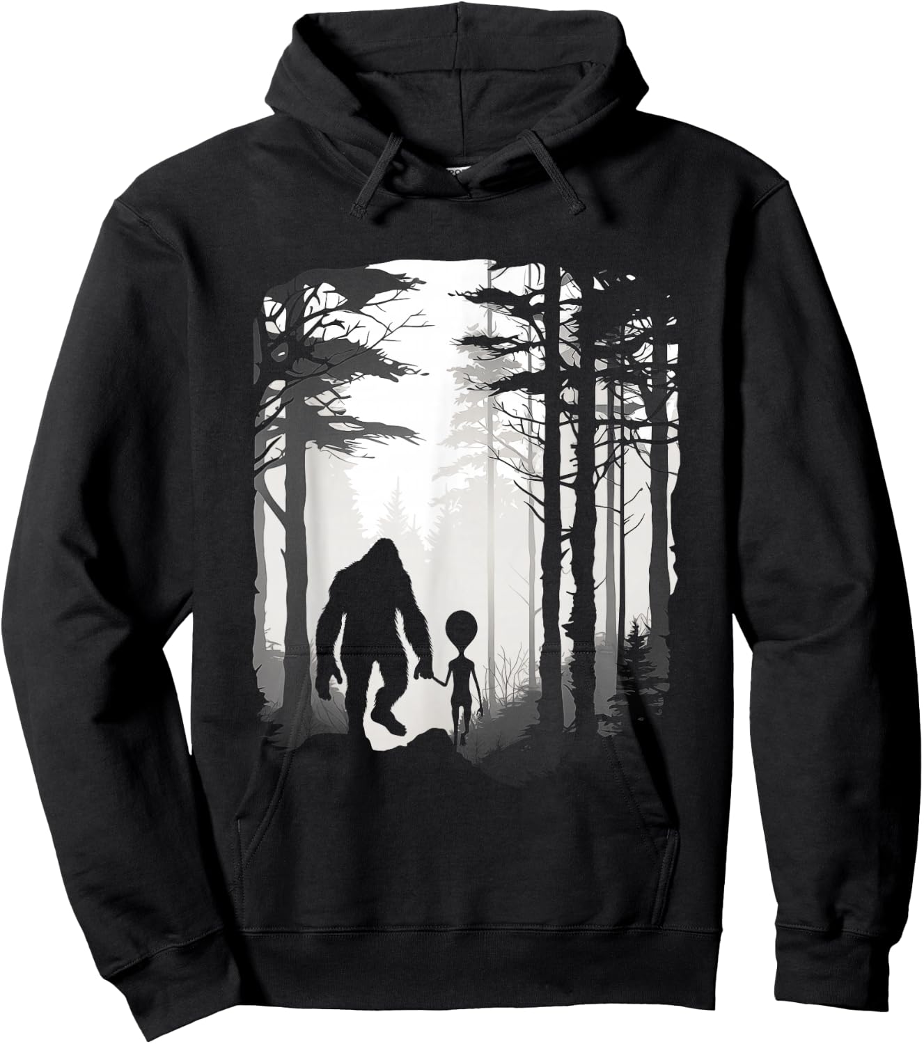 Funny Bigfoot Alien Holding Hands Foggy Forest Walk Hoodie - Hoodie | Black