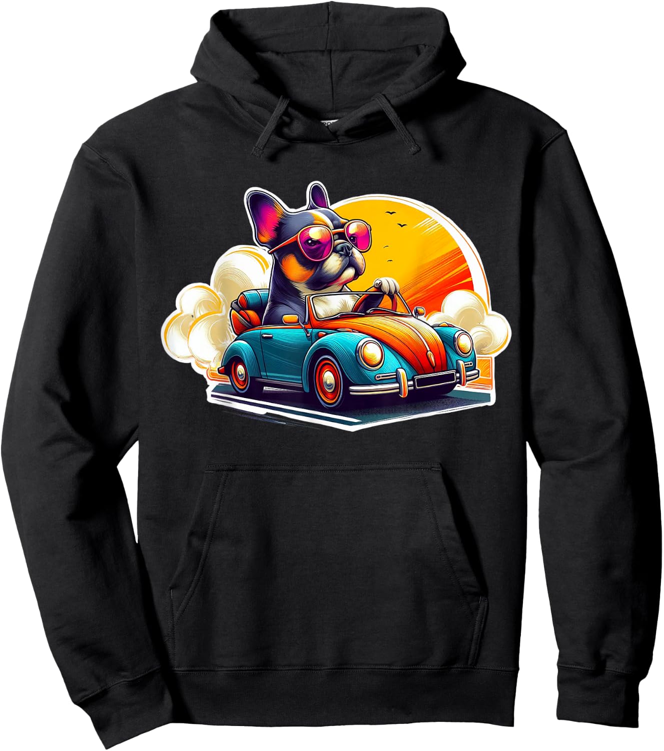 French Bulldog Driving Retro Convertible Car - Frenchie Gift Hoodie - Hoodie | Black