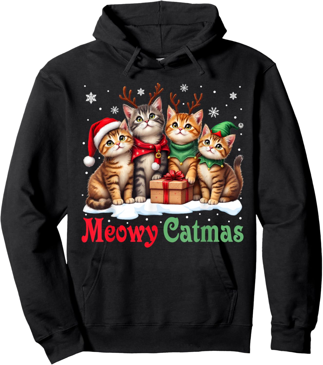 Cat Christmas Pajamas Men Women Boys Girls Meowy Catmas Hoodie - Hoodie | Black