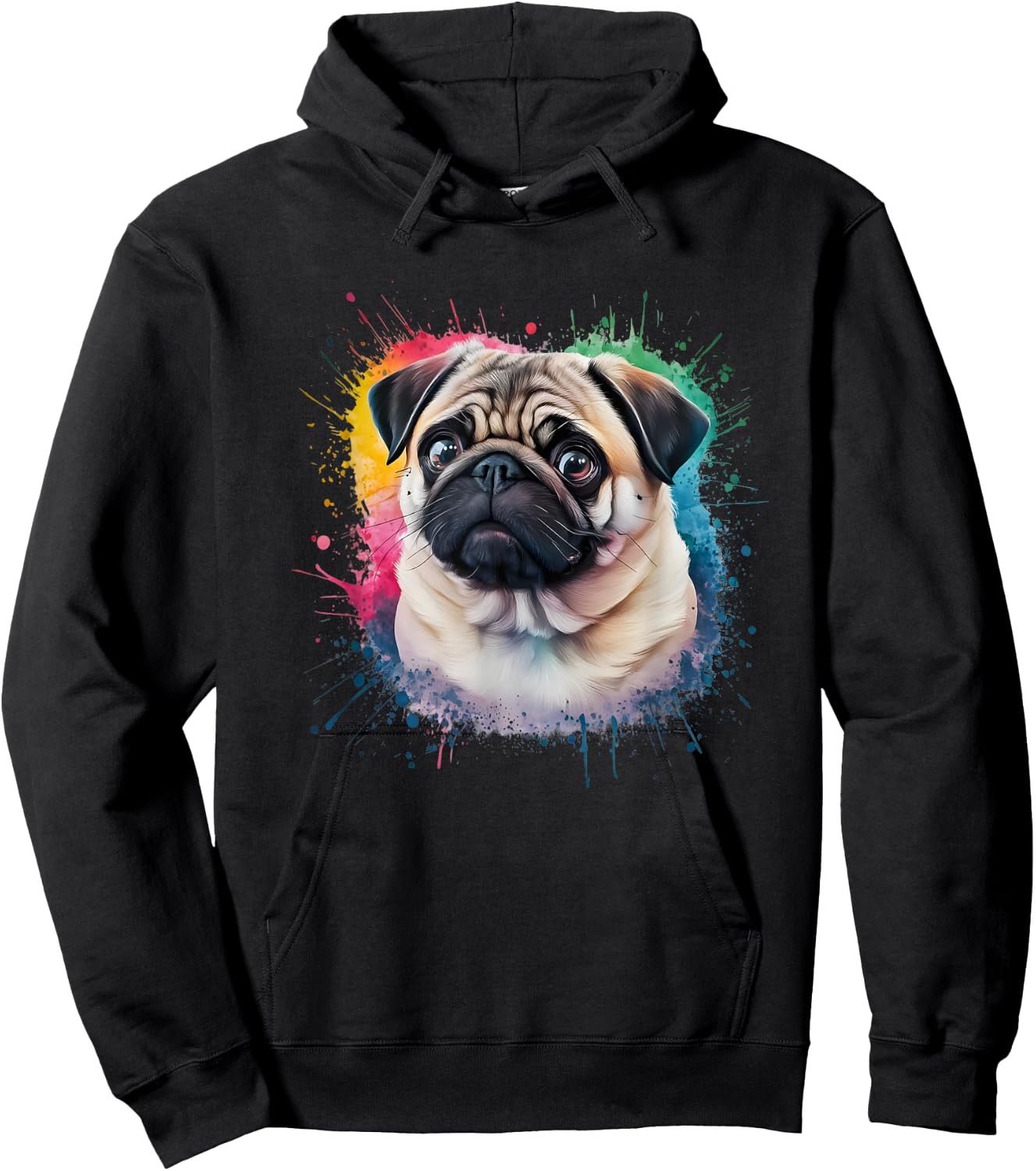 Men Woman Colorful Watercolor Pug Hoodie - Hoodie | Black