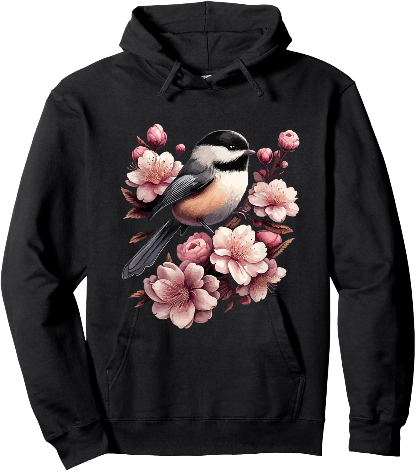Chickadee Blossom Spring Birdwatching Bird Lover Cute Hoodie - Hoodie | Black