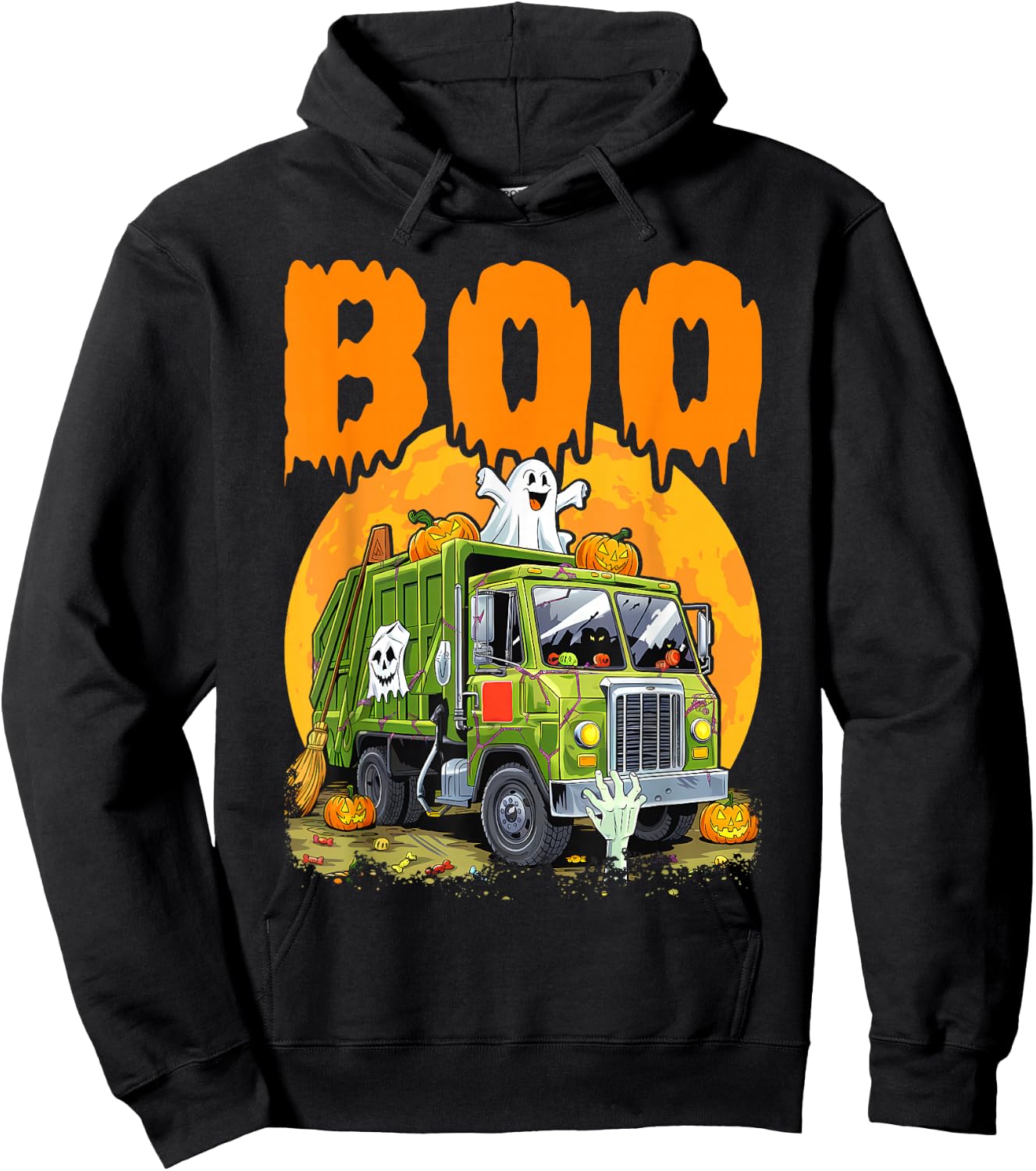 Ghost Driving Garbage Truck With Candy Bag Carved Pumpkin Hoodie - Hoodie | Black