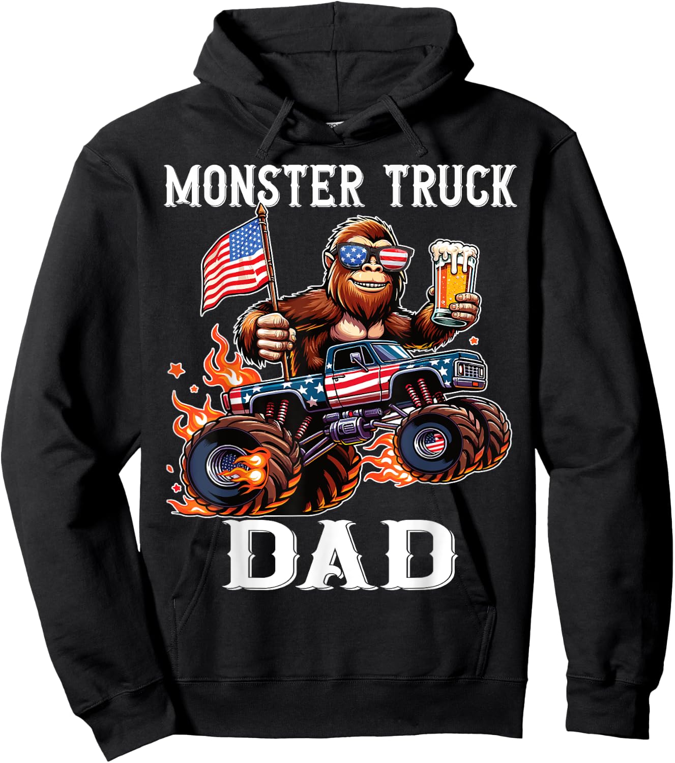 Monster Truck Dad Racing Bigfoot Beer USA Flag Patriotic Hoodie - Hoodie | Black