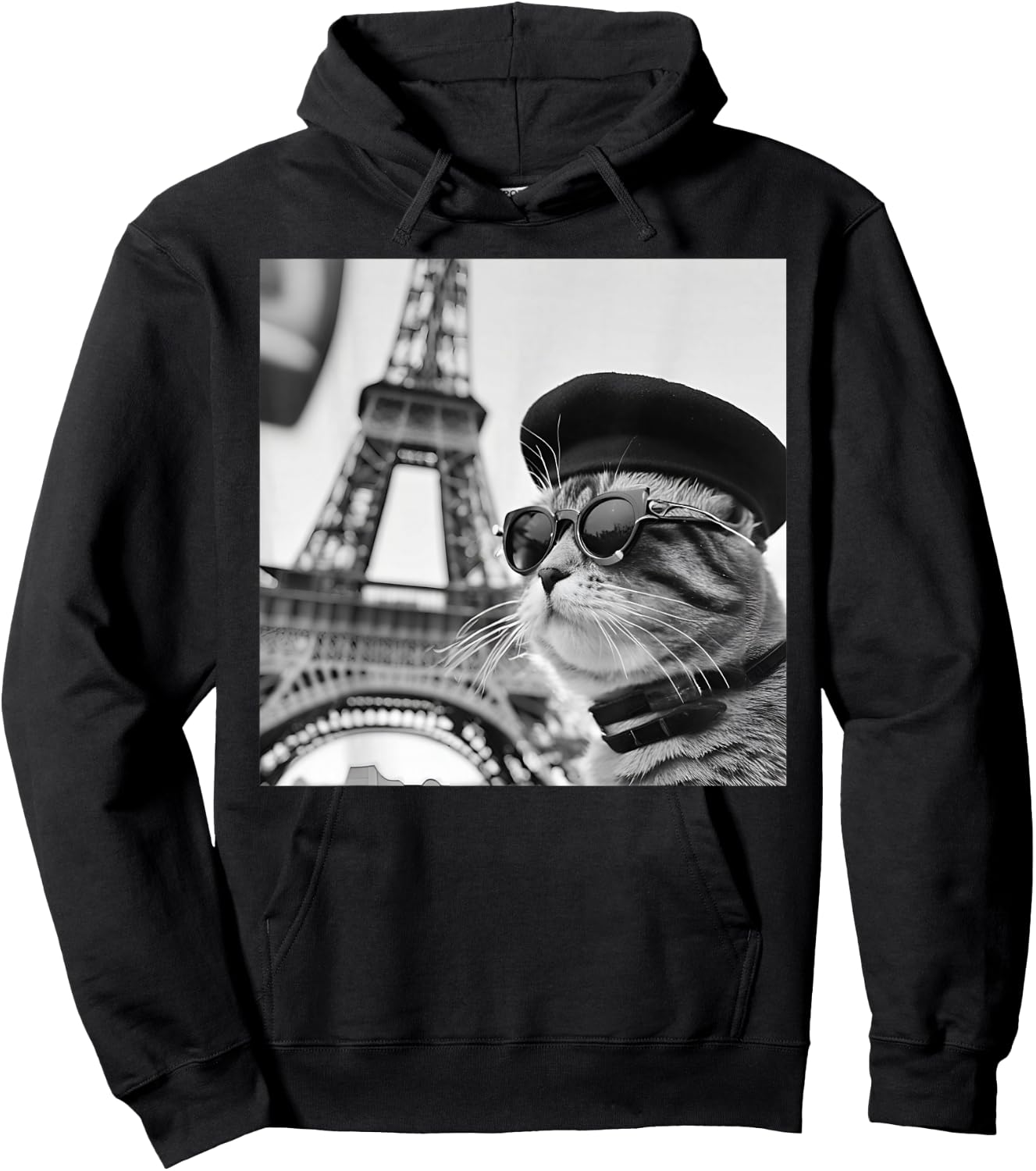 Funny Cat Wearing Sunglasses and A Beret At The Eiffel Tower Hoodie - Hoodie | Black