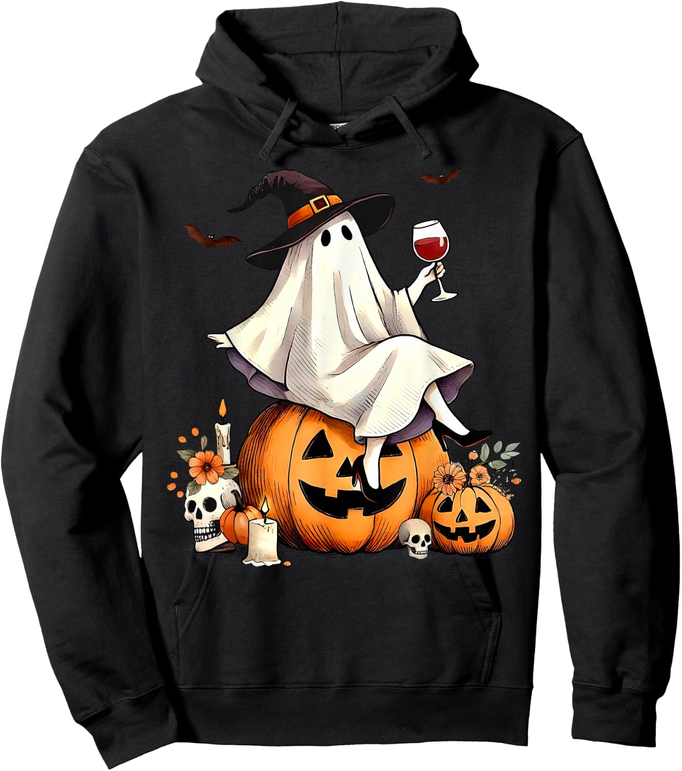 Witch Ghost Wine Drinking Pumpkin Halloween Spooky Season Hoodie - Hoodie | Black