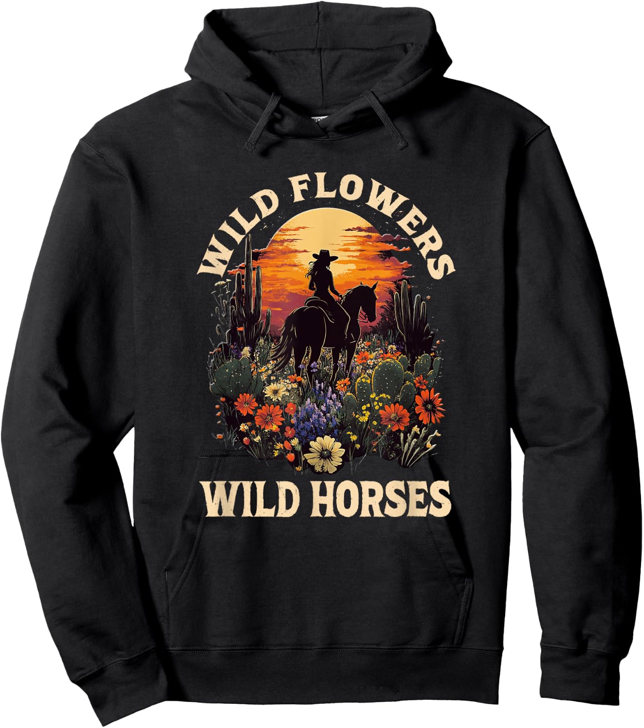Western Sunset Cowgirl Riding Horse Wild Flowers Wild Horses Hoodie - Hoodie | Black