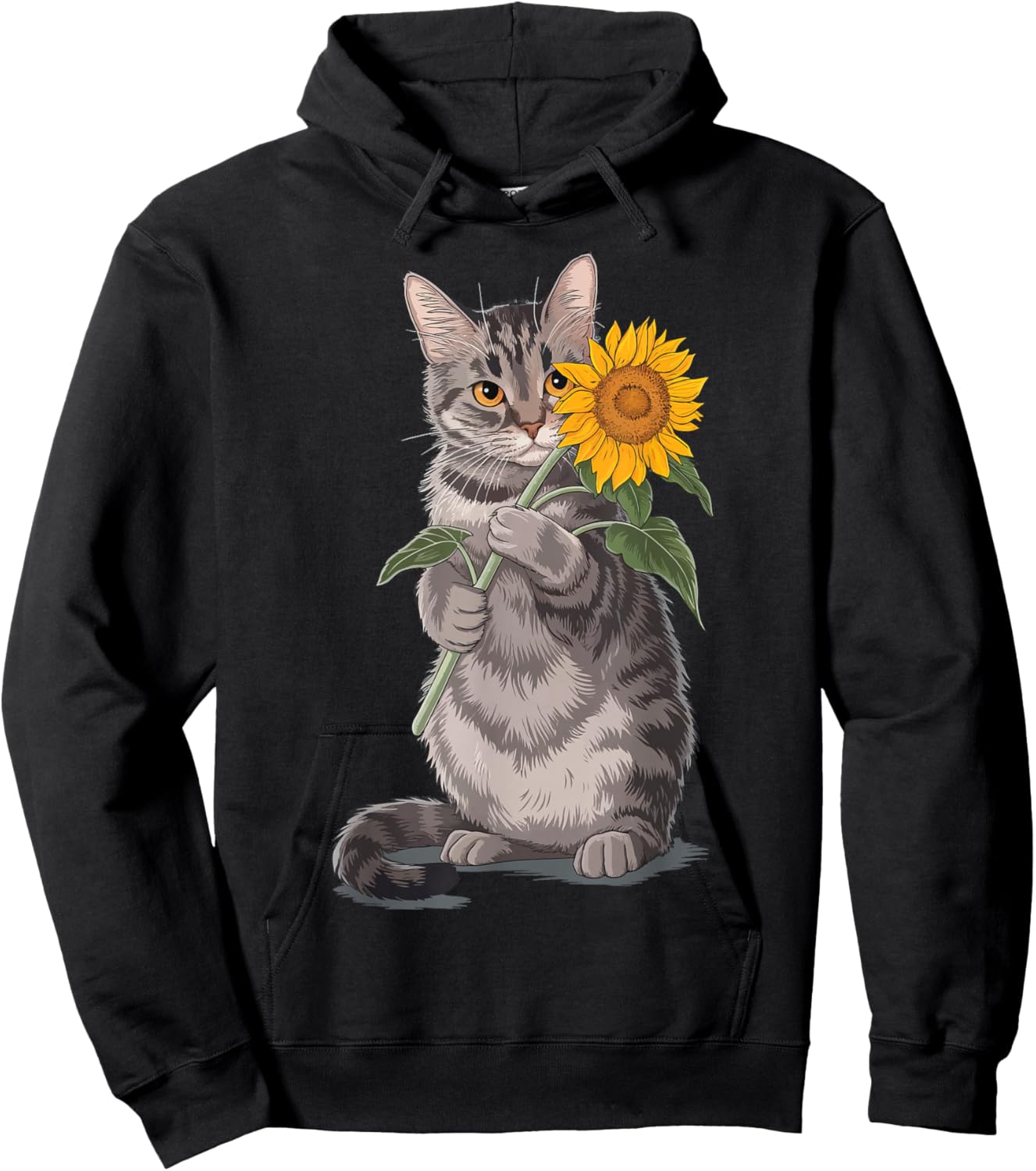 Cat Holding Sunflower Hoodie - Hoodie | Black