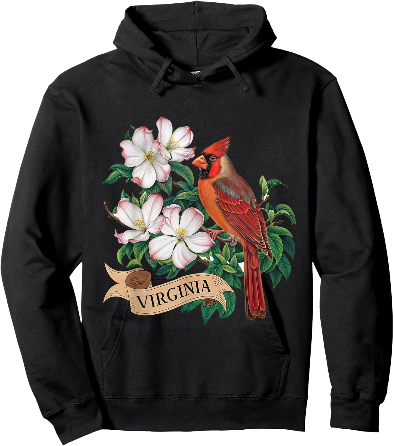 Virginia Cardinal Bird and Flowering Dogwood Flower Hoodie - Hoodie | Black
