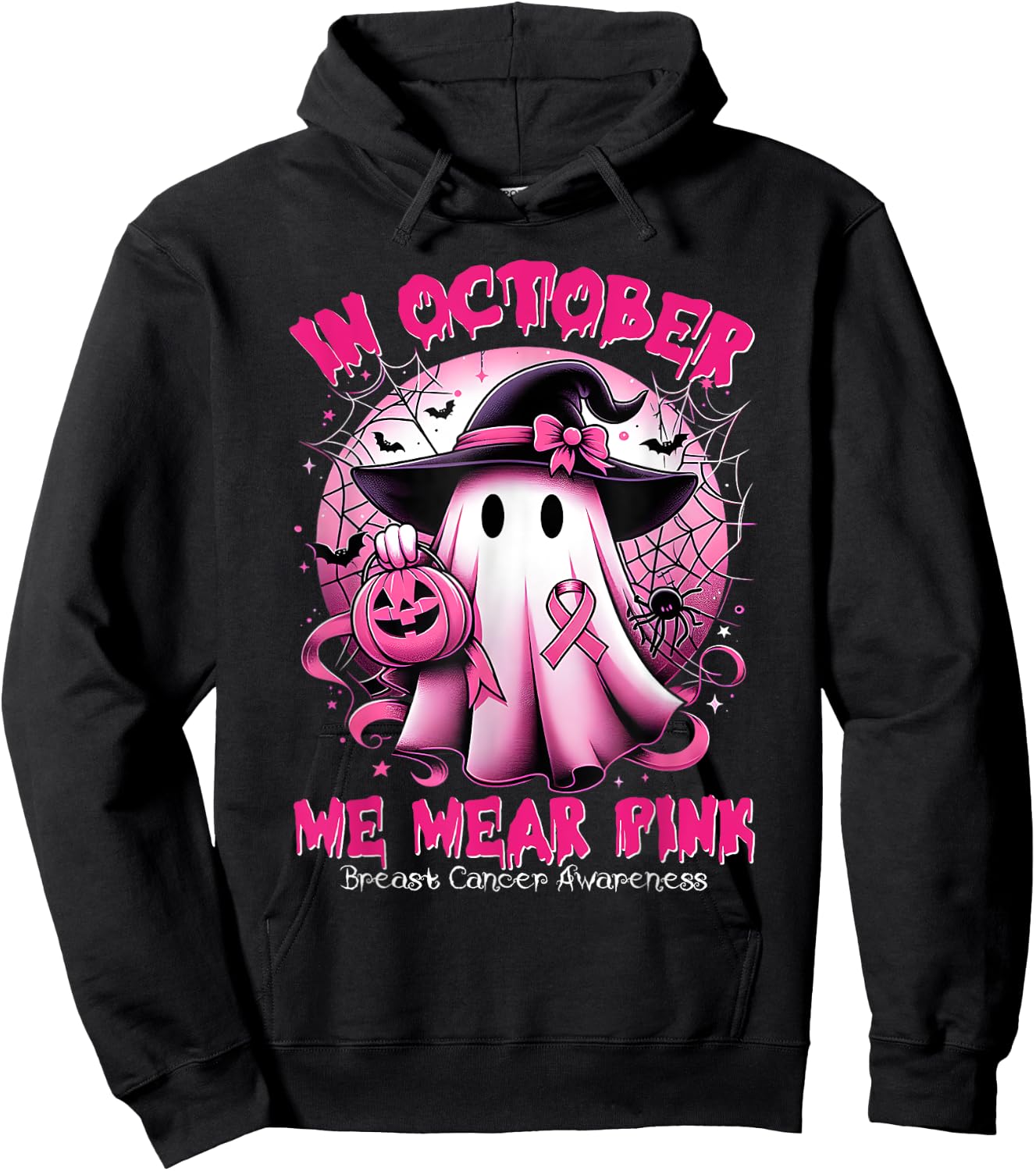 In October We Wear Pink Witch Ghost Breast Cancer Awareness Hoodie - Hoodie | Black
