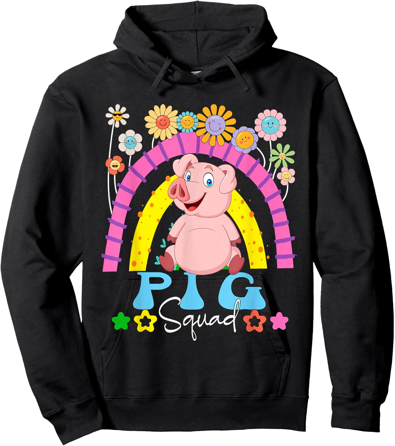 Pig Funny Squad Costume Flowers Rainbow Farmer Rancher Hoodie - Hoodie | Black
