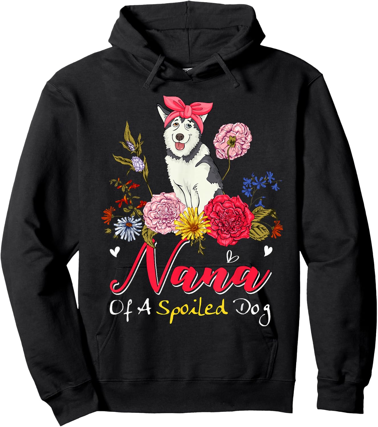 Nana Of A Spoiled Dog Mother's Day Husky Bow Tie Floral Hoodie - Hoodie | Black