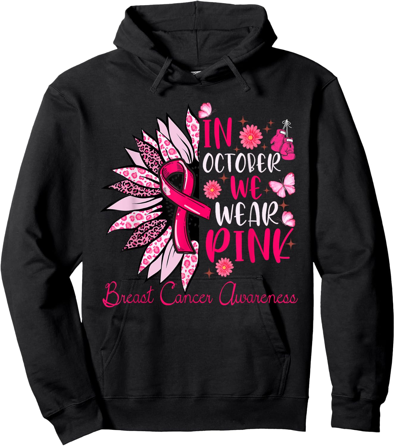 Sunflower Pink Breast Cancer Awareness Women Girls Warrior Hoodie - Hoodie | Black