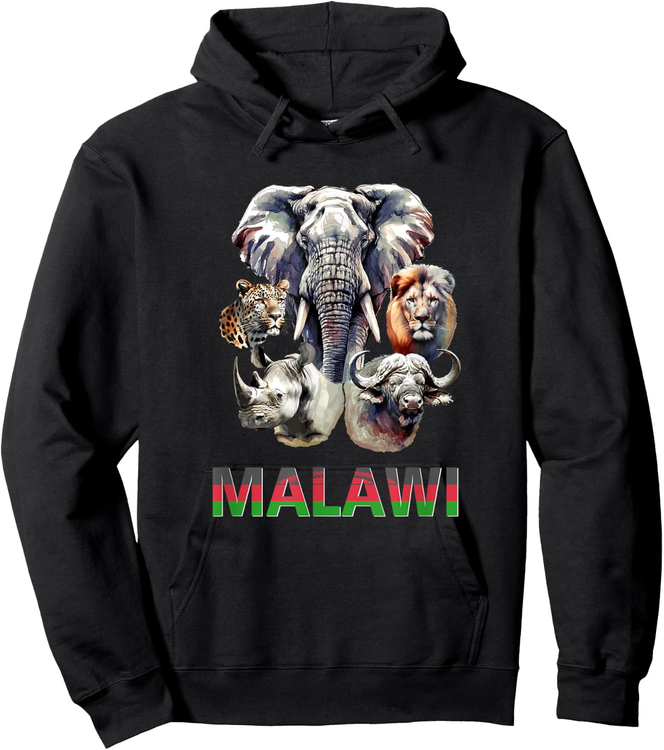 Malawi Big Five Wildlife in Watercolor for Malawi Fans Hoodie - Hoodie | Black