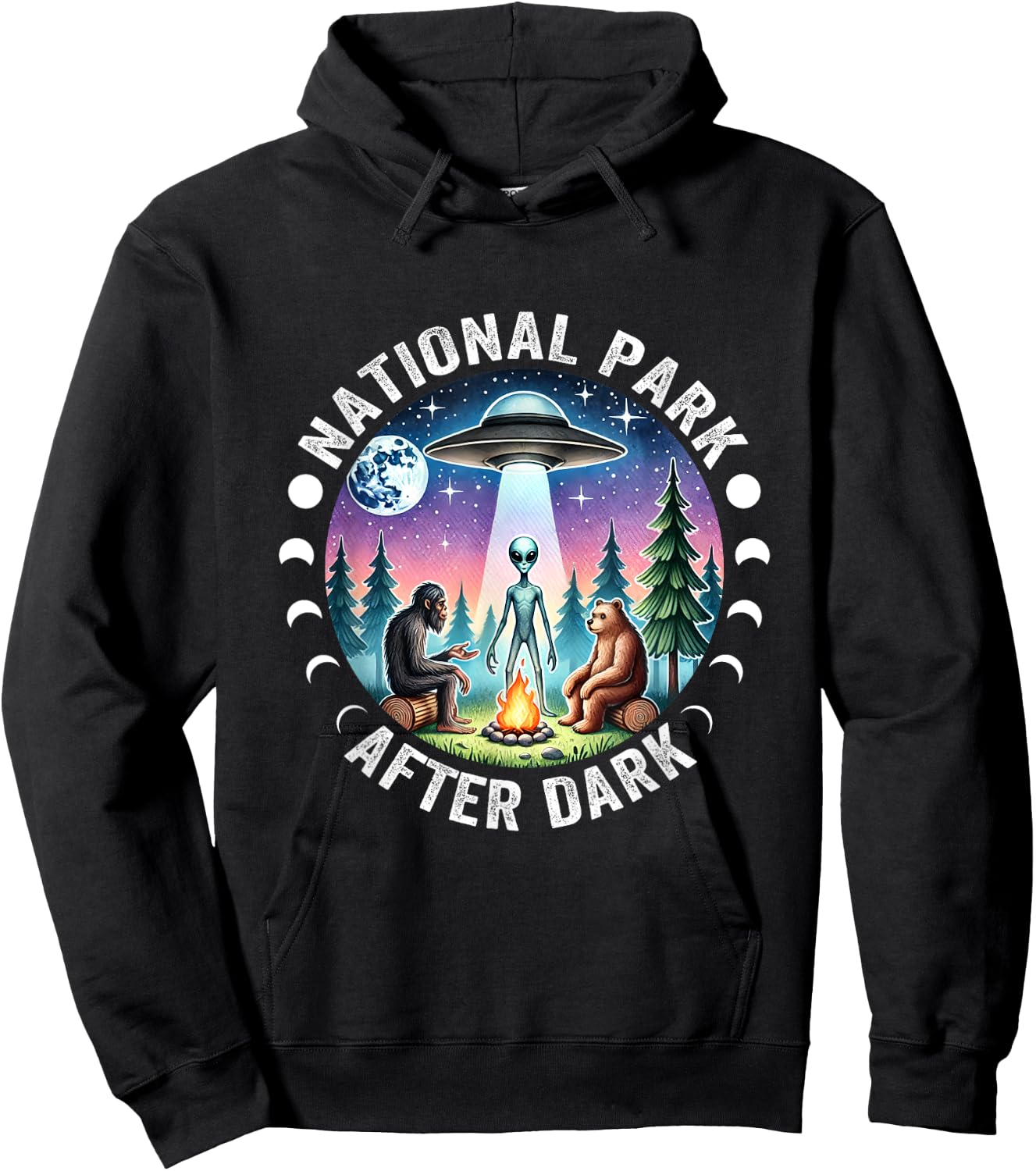 Vintage Retro Funny National Park After the Dark Big foot Alien Campfire , Small, Black Hoodie - Hoodie | Black