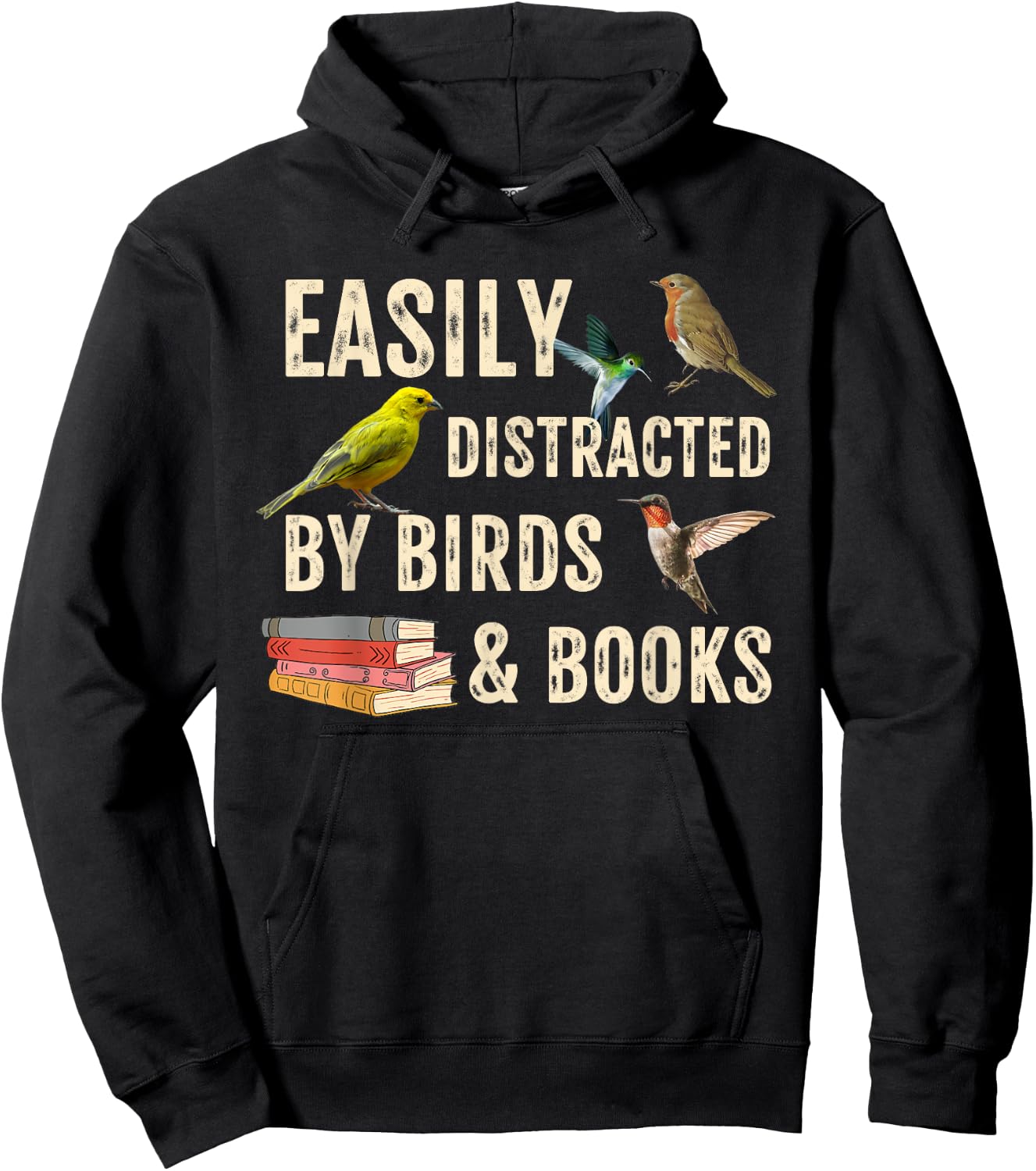 Easily Distracted By Birds & Books Vintage Funny Birder Hoodie - Hoodie | Black